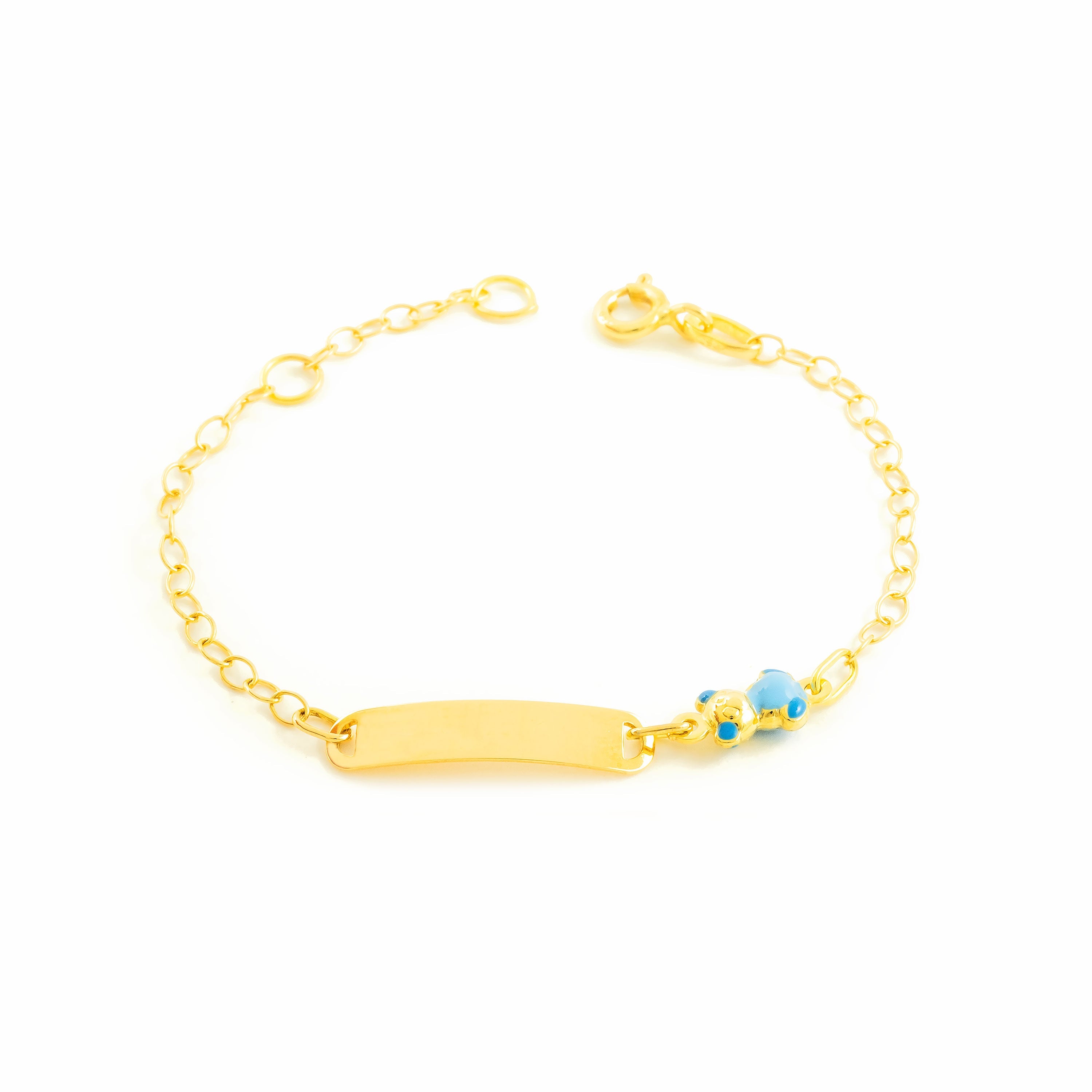 Pulsera Niña Oro Amarillo 18K Esmalte Esclava Oso Azul Brillo 14 cm