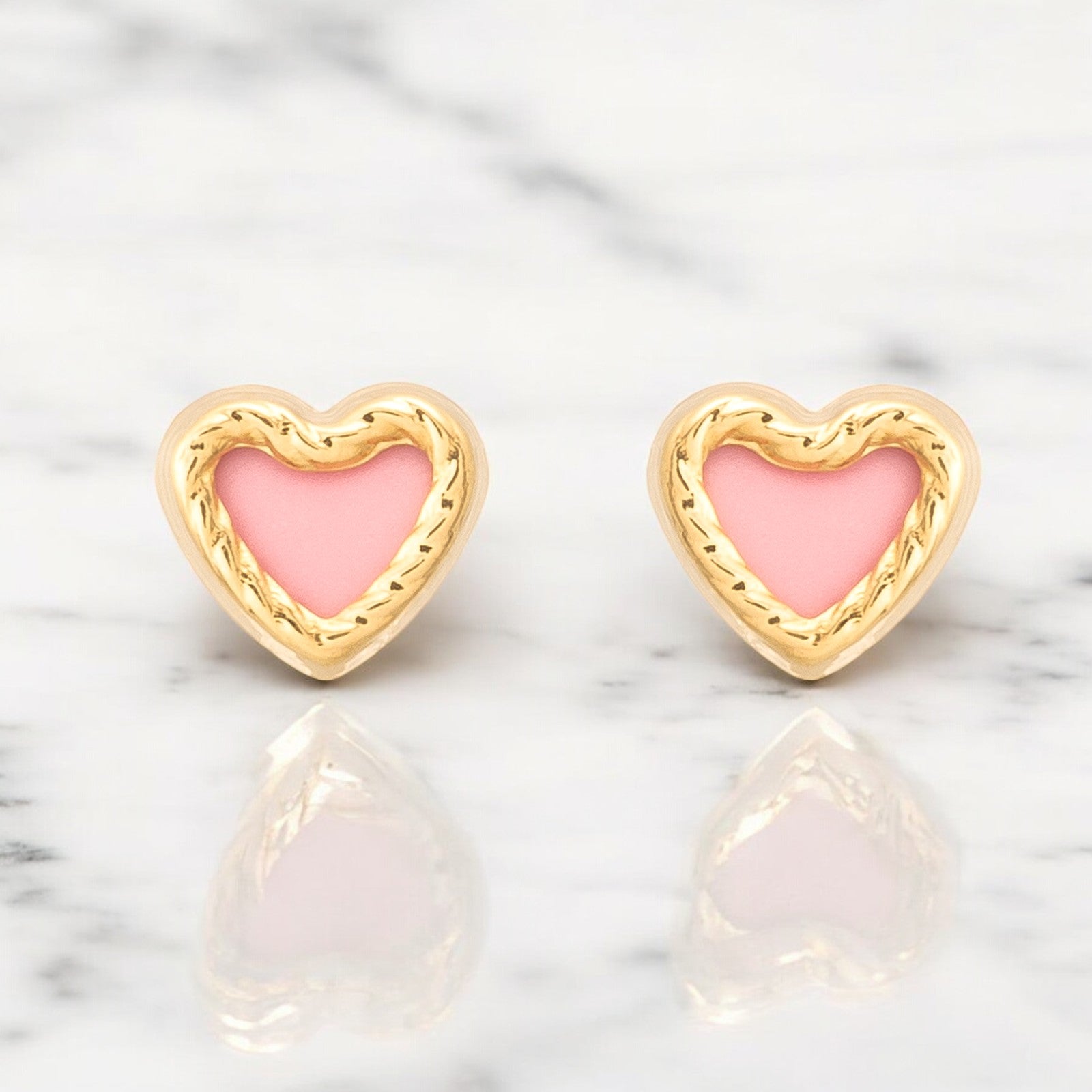 Pendientes Bebe-Niña Oro Amarillo 9K Nacar Corazón Rosa Tallados