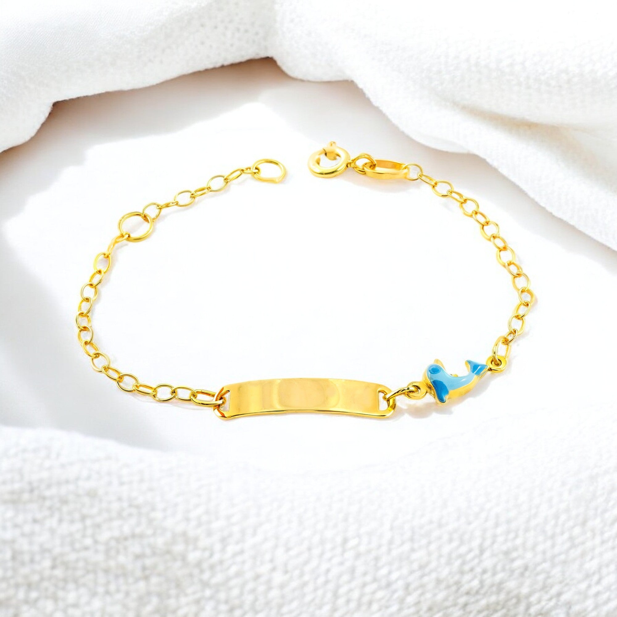 Pulsera Niña Oro Amarillo 18K Esmalte Esclava Delfín Azul Brillo 14 cm