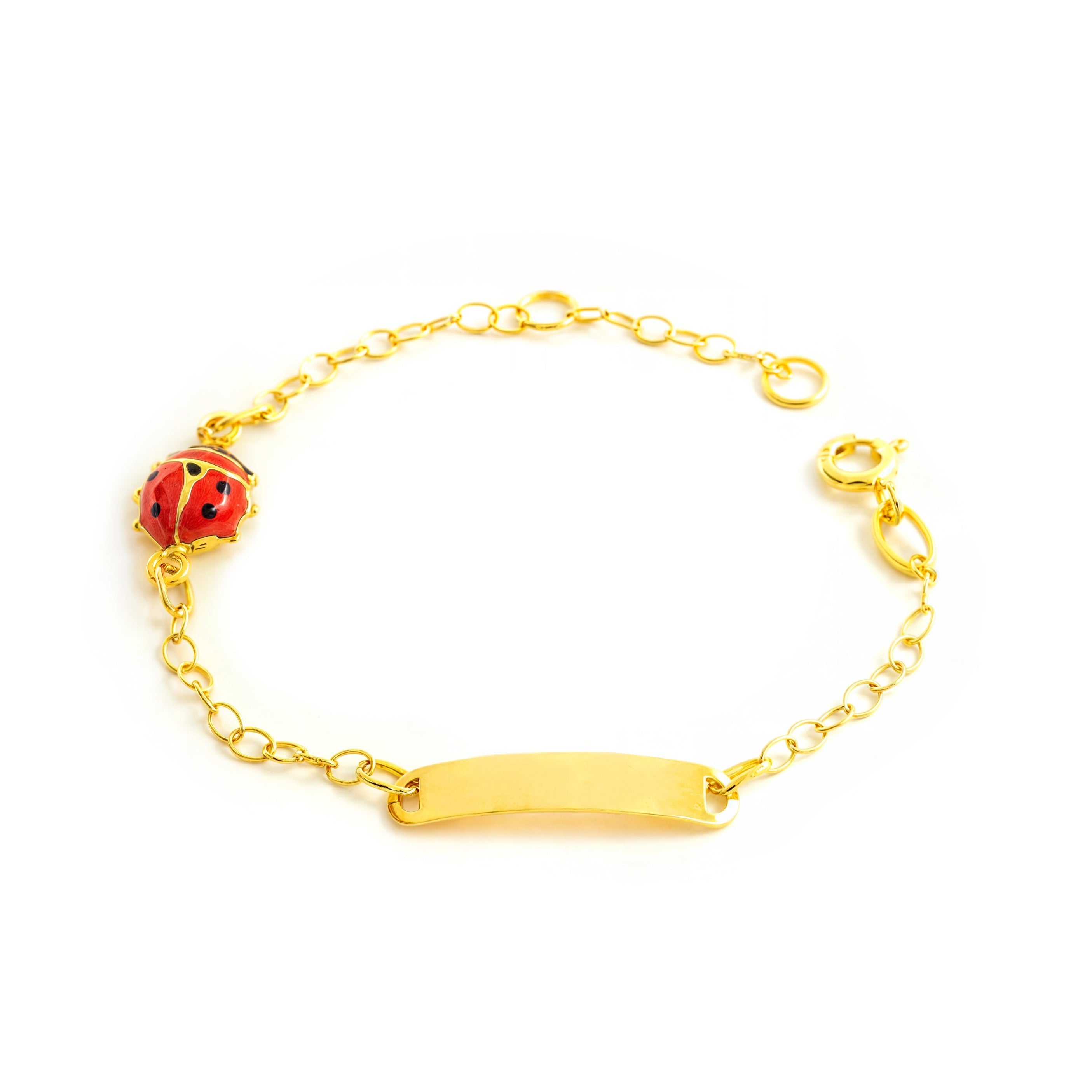 Pulsera Niña Oro Amarillo 18K Esmalte Esclava Mariquita Rojo-Negro Brillo 14 cm