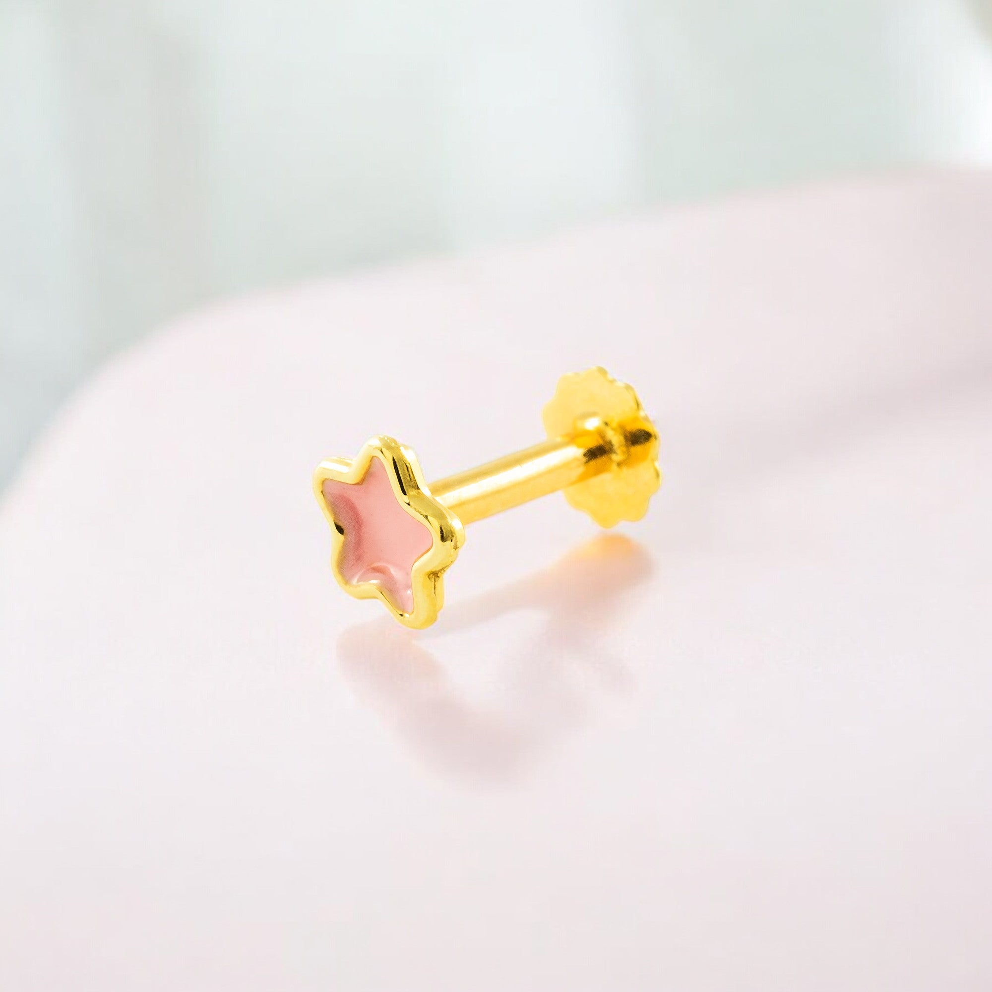 Piercing Oro Amarillo 9K Cartilago Esmalte Estrella Rosa Claro Brillo