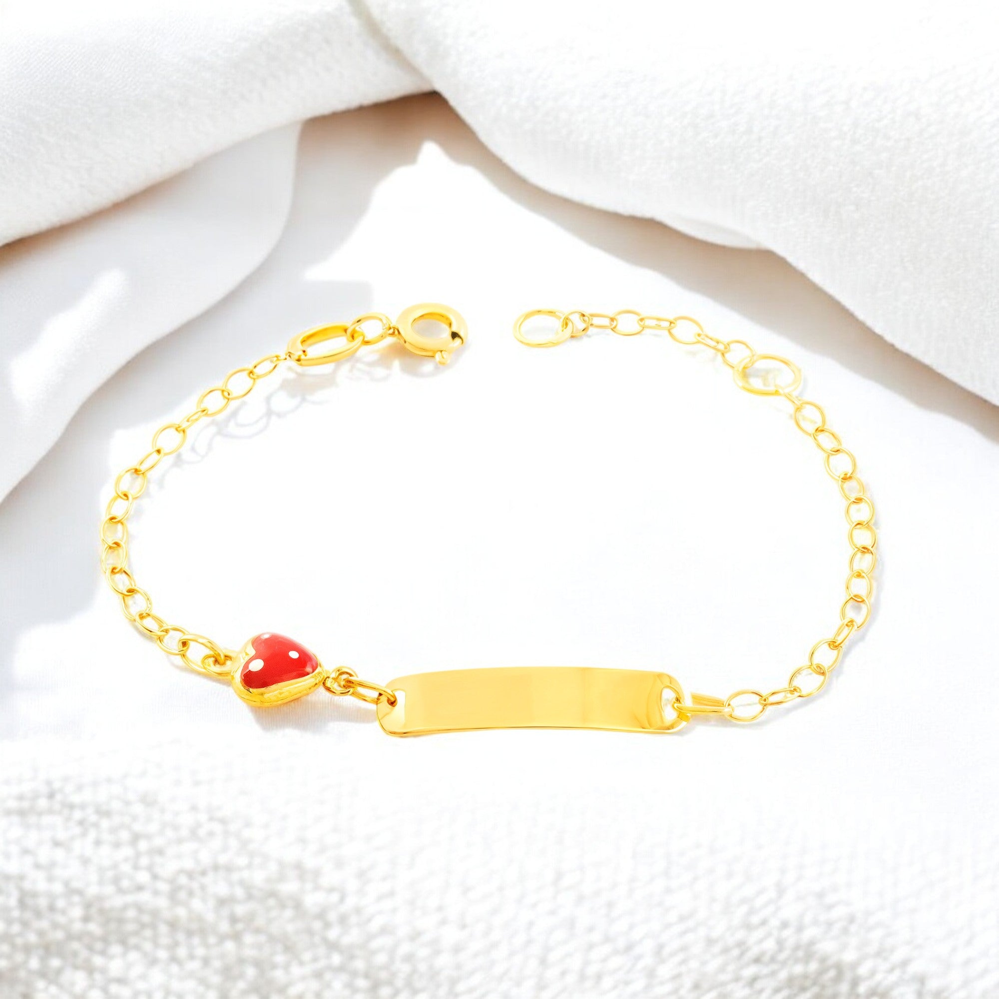 Pulsera Niña Oro Amarillo 18K Esmalte Esclava Corazón Rojo-Blanco Brillo 14 cm