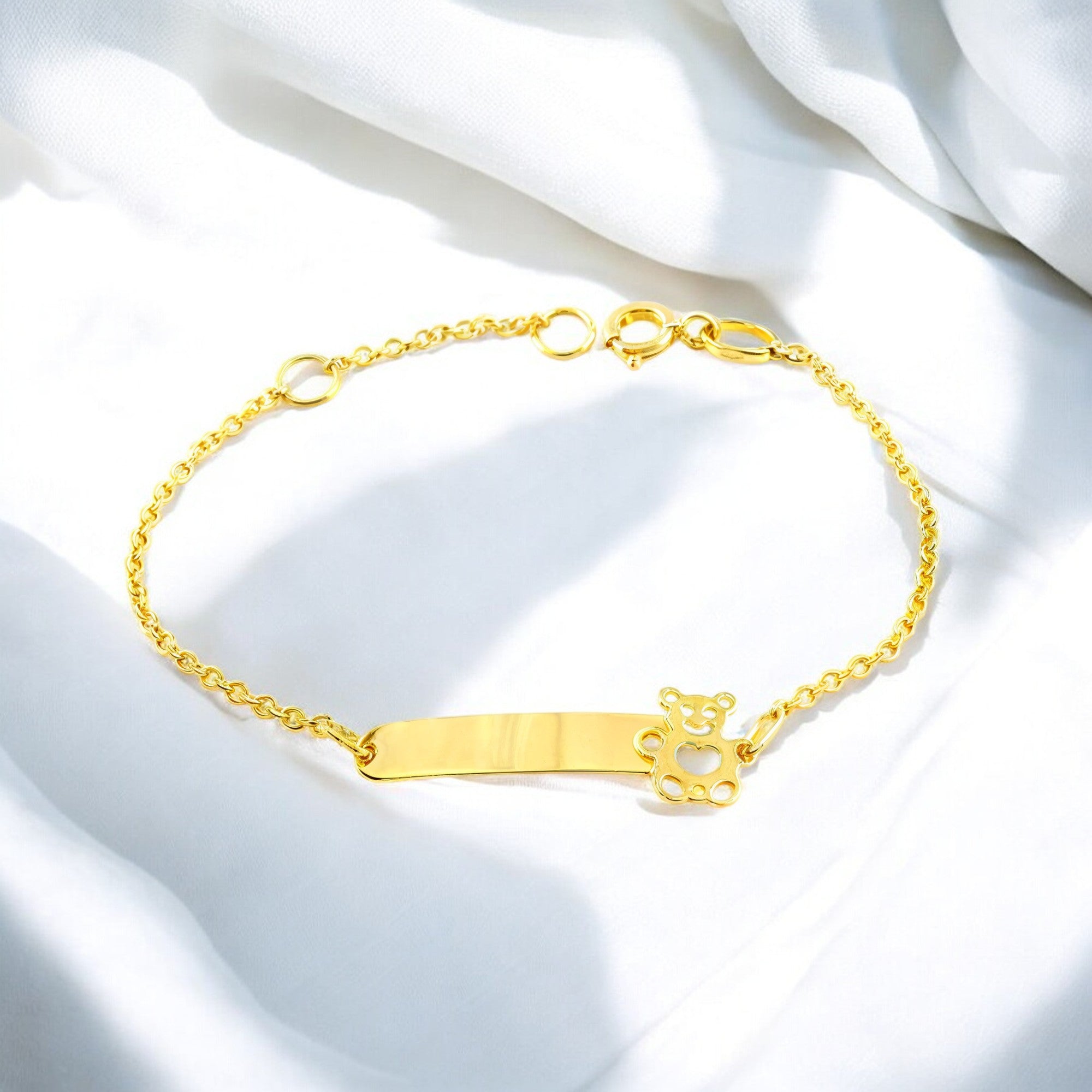 Pulsera Niña Oro Amarillo 9K Personalizada Esclava Oso Brillo 14 cm