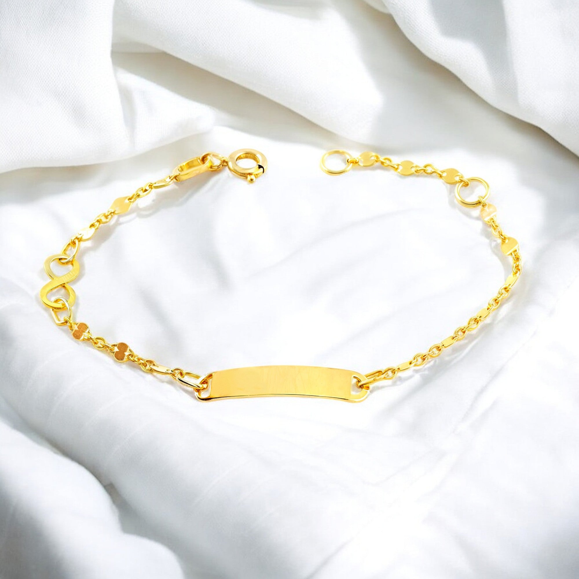 Pulsera Niña Oro Amarillo 9K Personalizada Esclava Infinito Brillo 14 cm