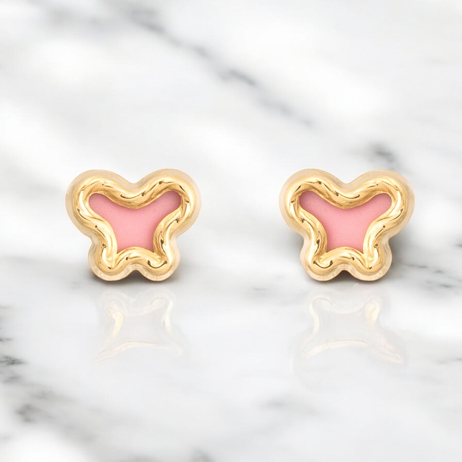 Pendientes Bebe-Niña Oro Amarillo 9K Nacar Mariposa Rosa Tallados