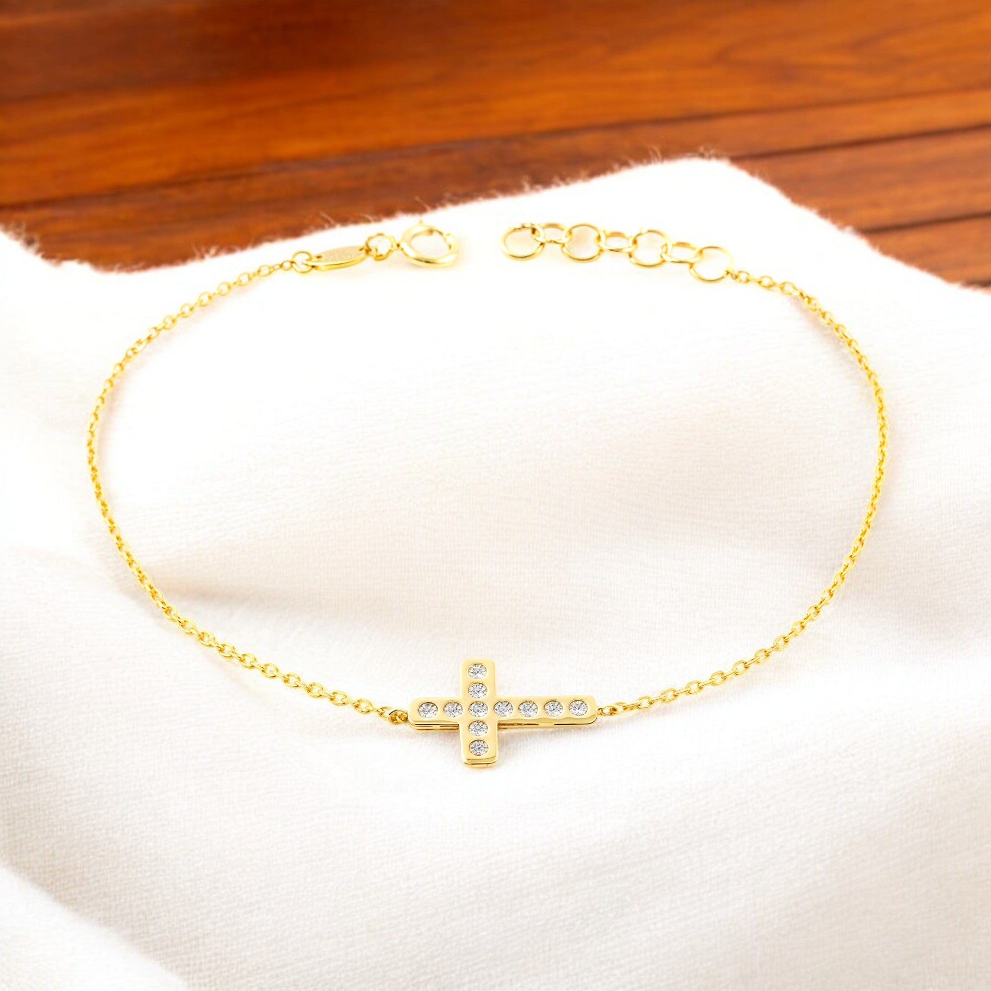 Pulsera Mujer Oro Amarillo 9K Cruz horizontal Circonita Brillo 17 cm