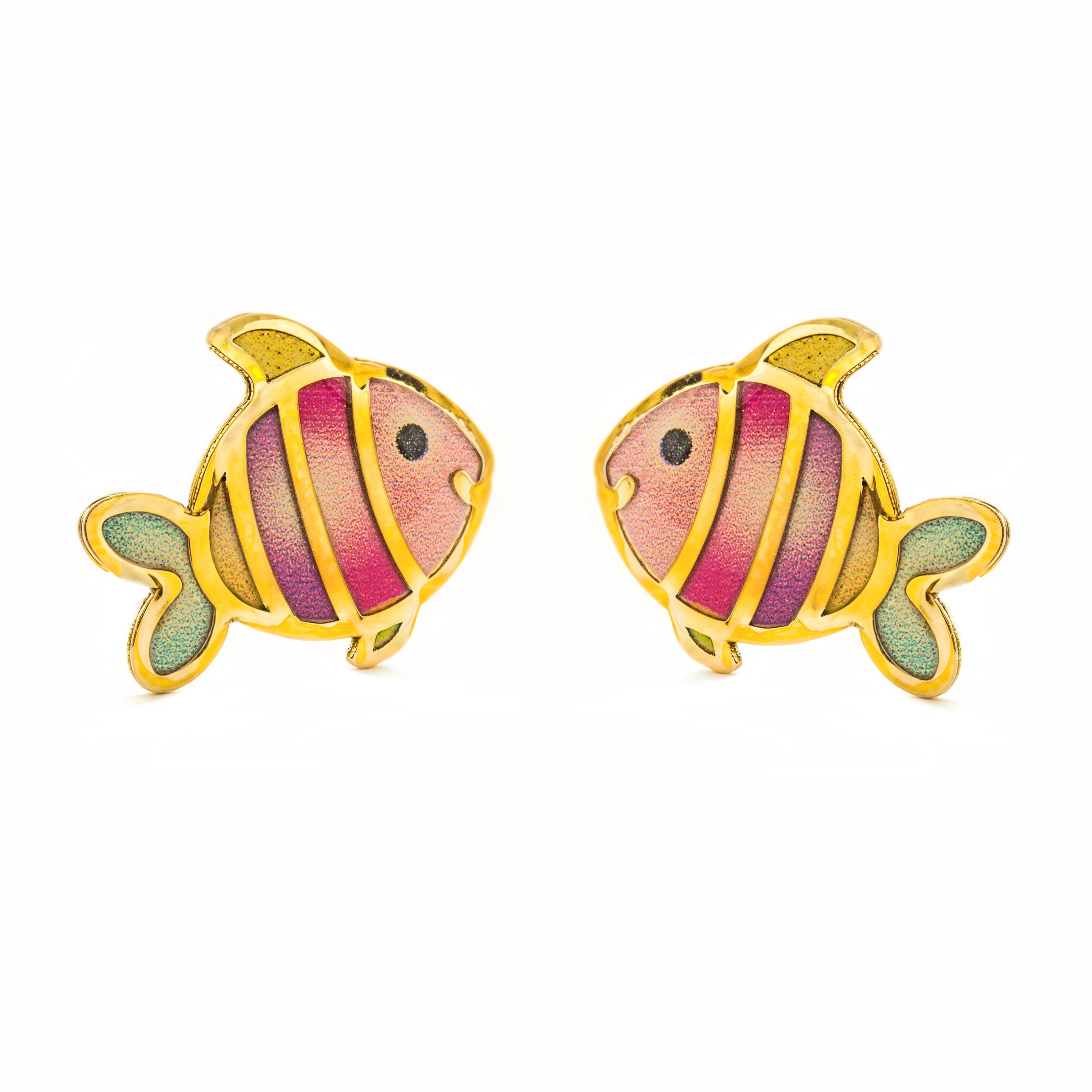 9K Yellow Gold Girl's Earrings with Multicolor Shiny Enamel Fish