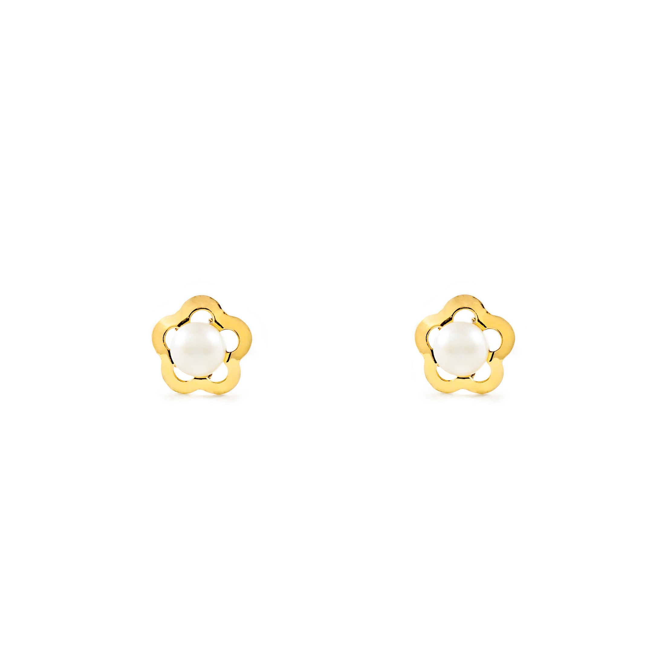 Baby-Girl Earrings 18K Yellow Gold Round Pearl 3.5 mm Bright Daisy Flower