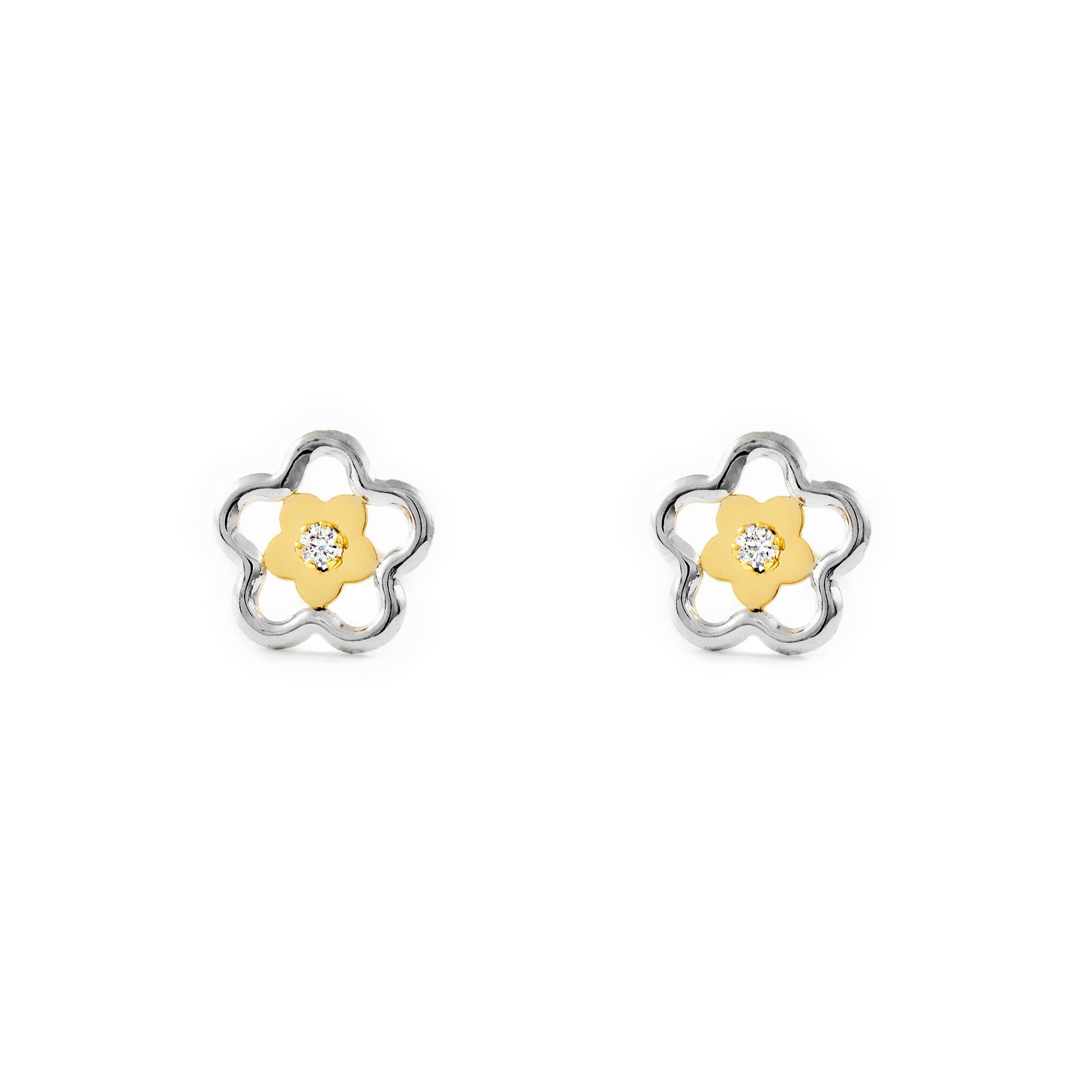 Women's-Girl's Earrings 9K Bicolor Gold Daisy Flower Shiny Zirconia