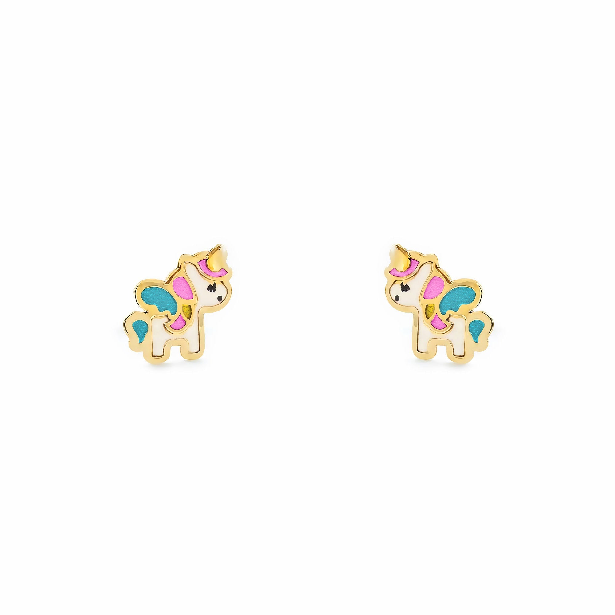 Pendientes Niña Oro Amarillo 9K Unicornio Esmalte Multicolor Brillo