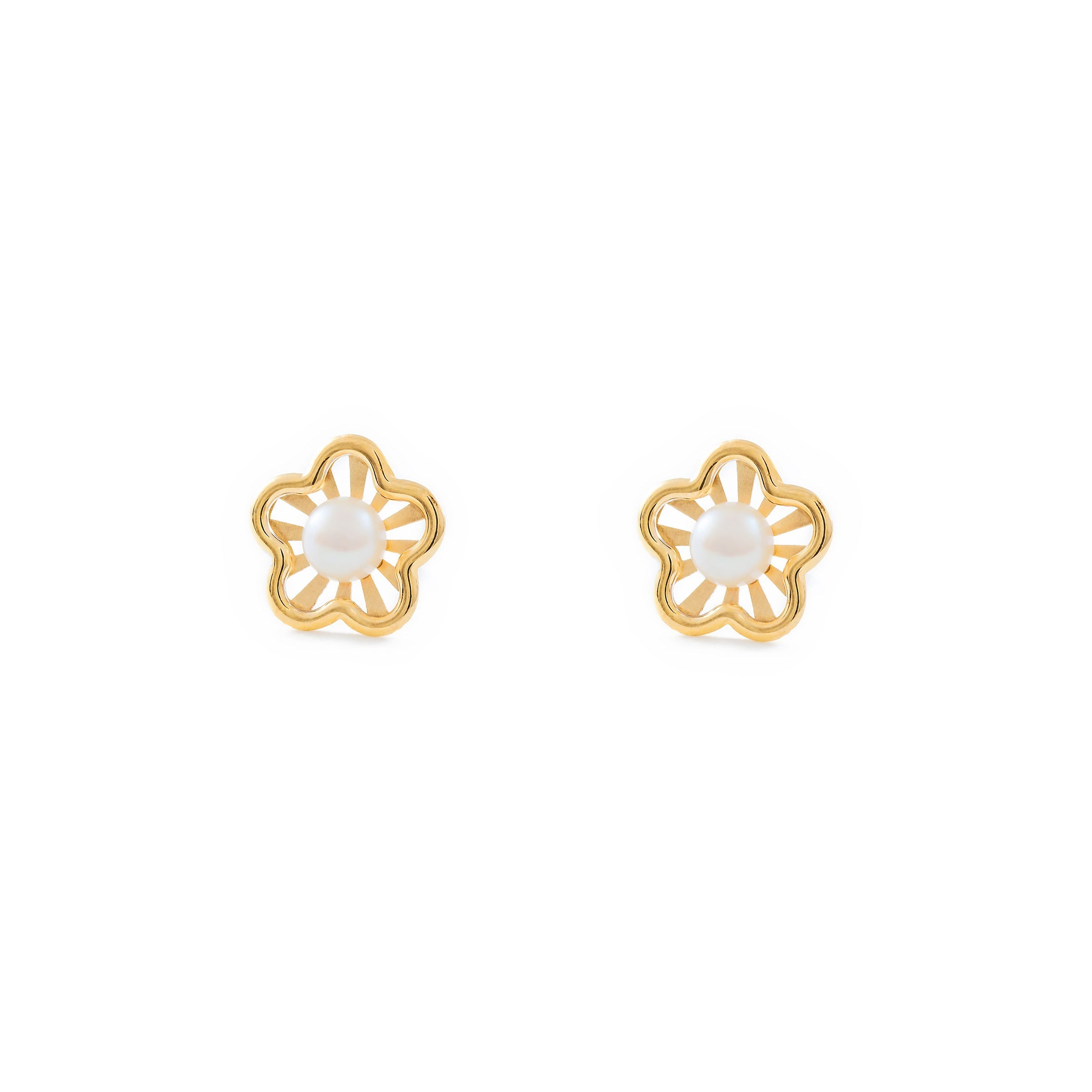 Girl's Earrings 9K Yellow Gold Pearl Button 3.5 mm Matte and Shiny Daisy Flower