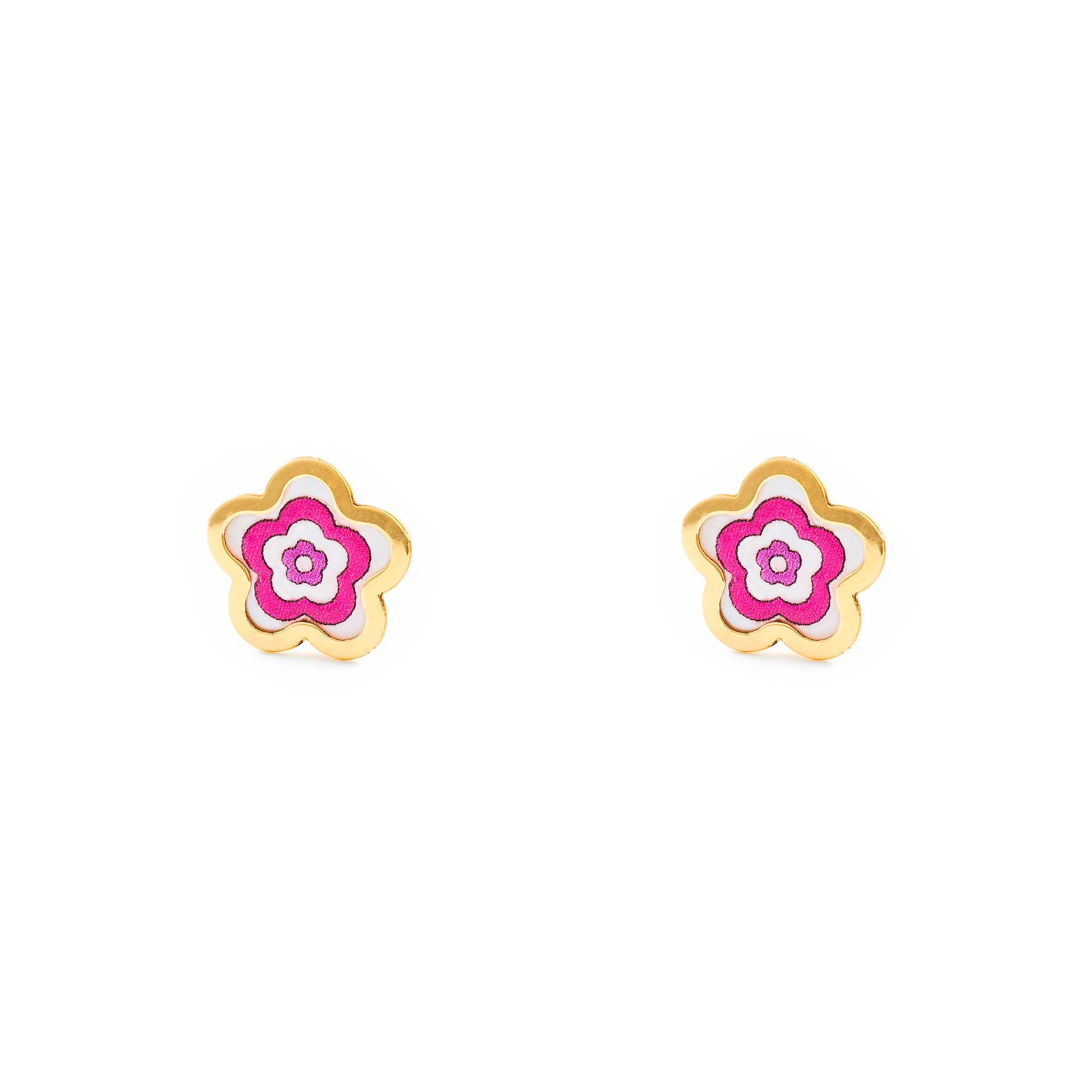 Pendientes Niña Oro Amarillo 9K Flor Margarita Esmalte Rosa Brillo