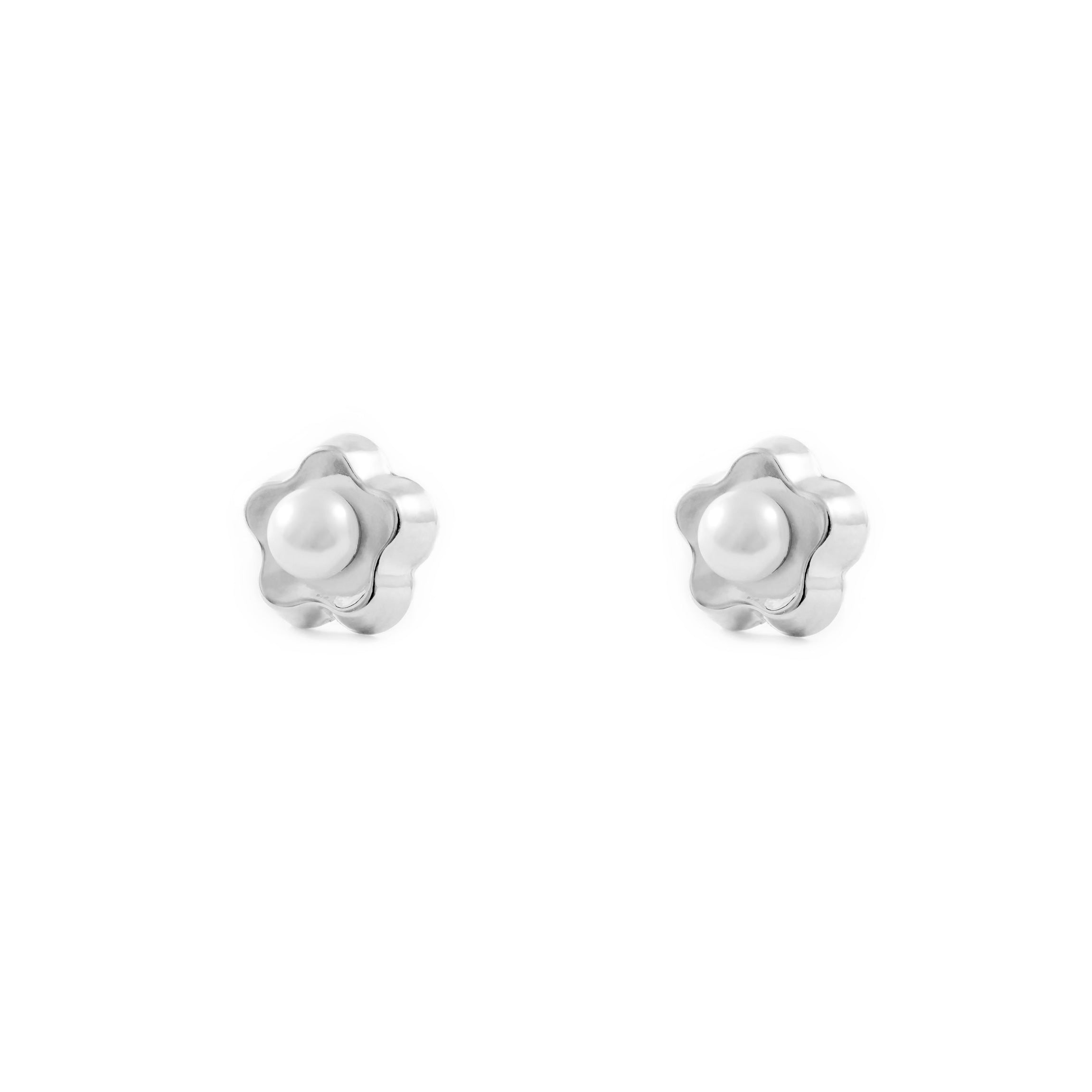 Girl's Earrings 9K White Gold Button Pearl 3.5 mm Shiny Daisy Flower