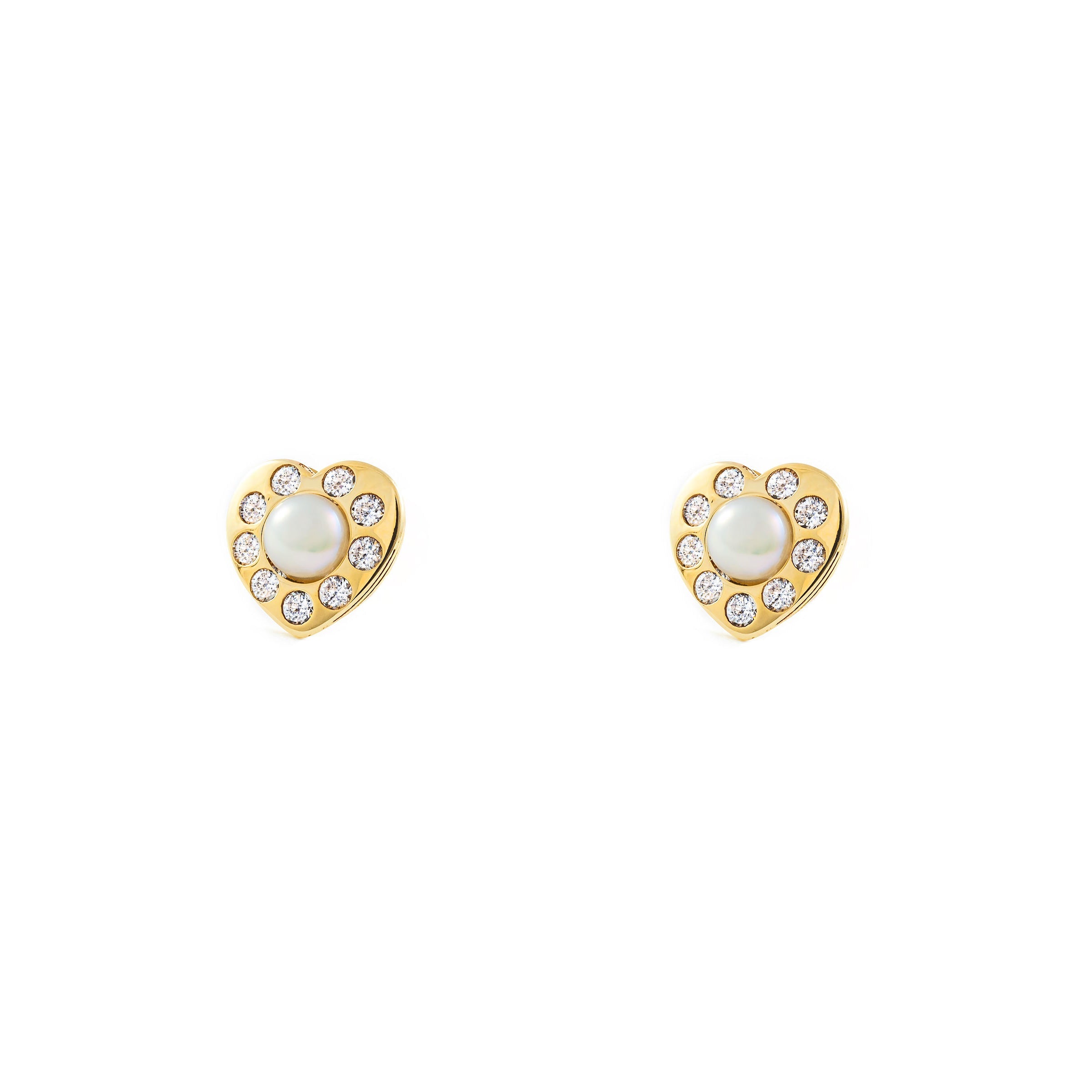 Women's-Girl's Earrings 9K Yellow Gold Button Pearl 3.5 mm Heart Shiny Zirconia