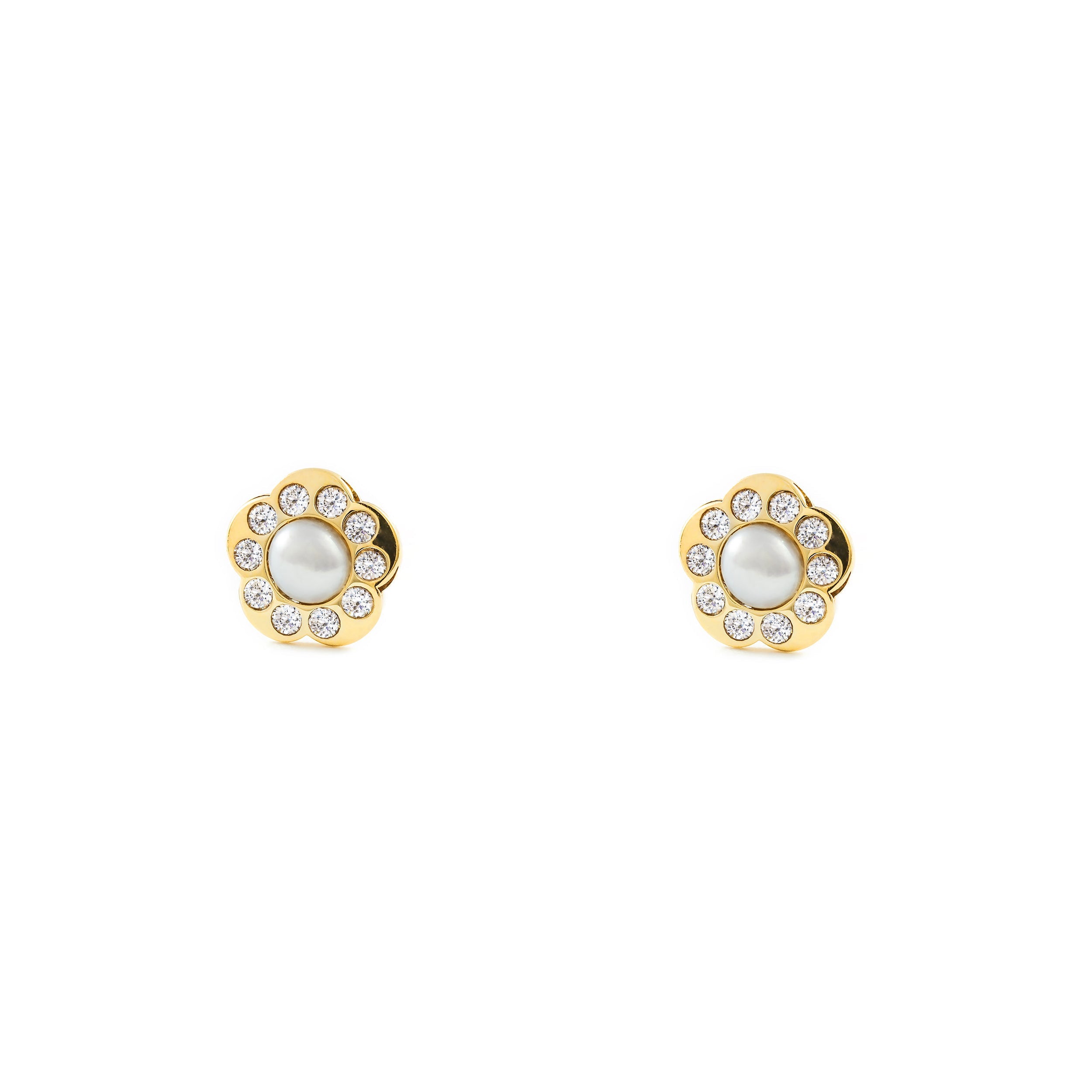 Women's-Girl's Earrings 9K Yellow Gold Button Pearl 3.5 mm Flower Daisy Shiny Zirconia