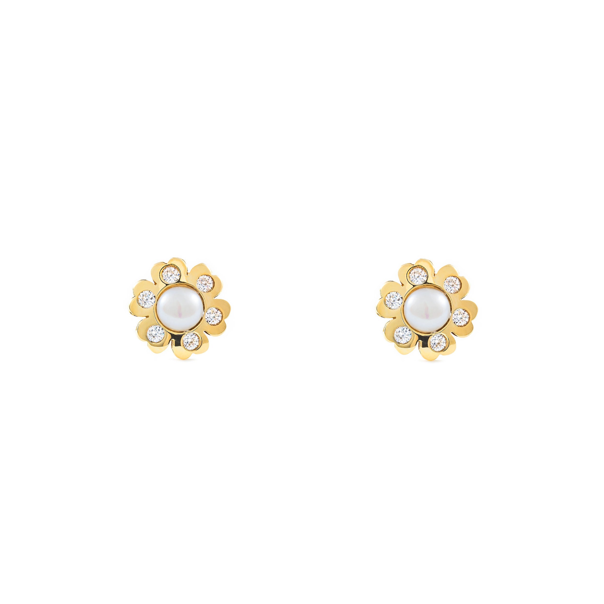 Women's-Girl's Earrings 9K Yellow Gold Pearl Button 3.5 mm Flower Shiny Zirconia