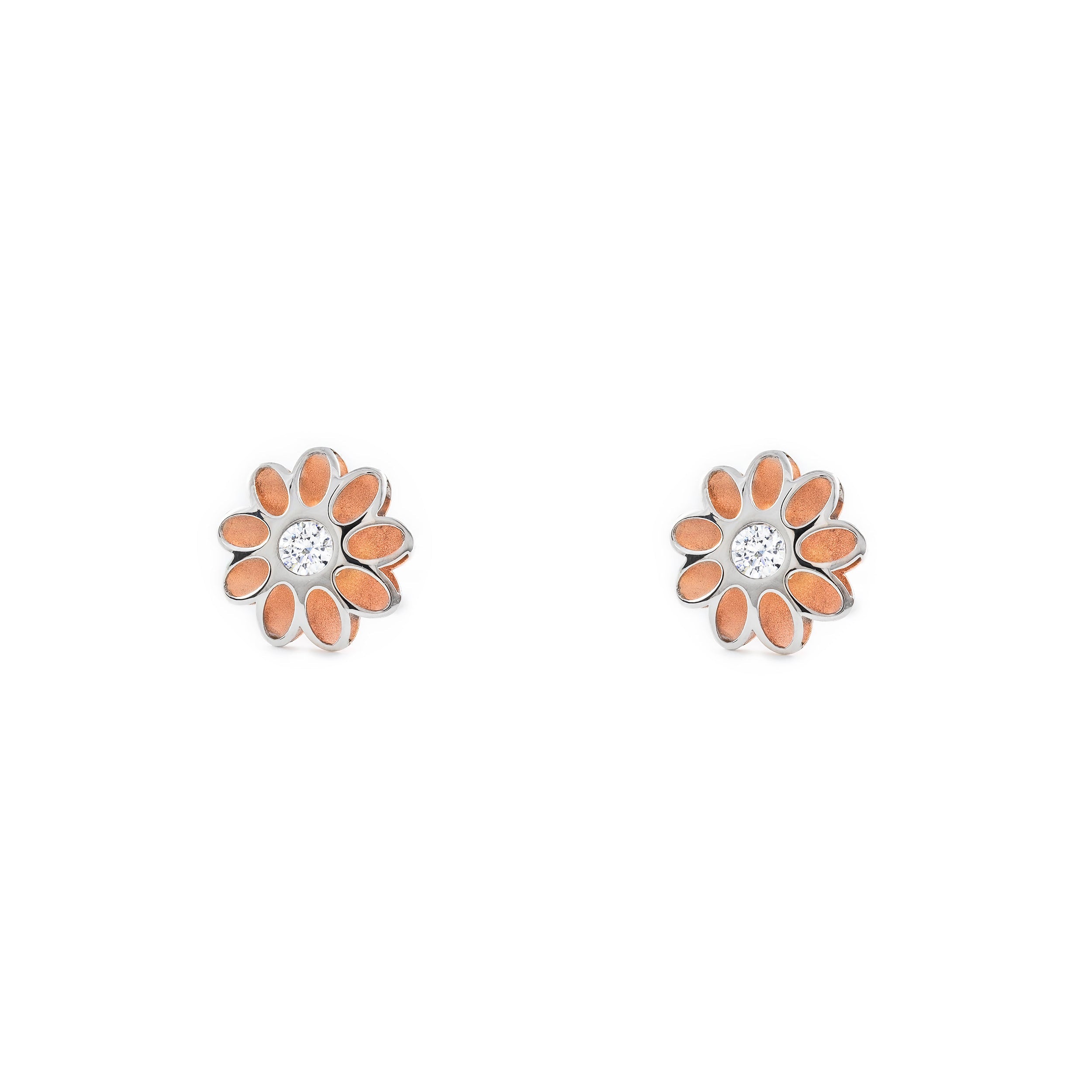 Women's-Girl's Earrings 9K Bicolor Gold Matte and Shiny Zirconia Flower