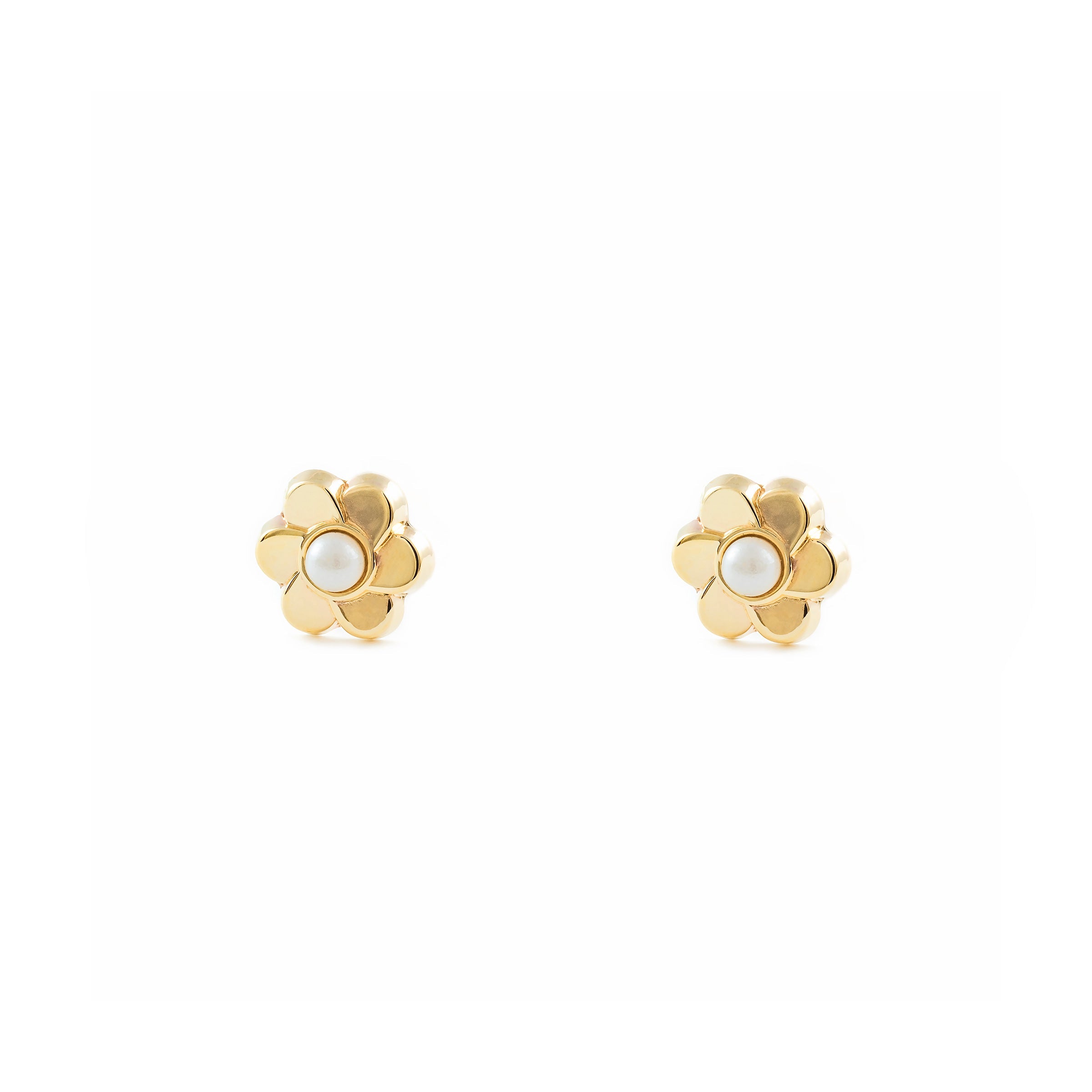 Baby-Girl Earrings 9K Yellow Gold Round Pearl 2 mm Shiny Flower