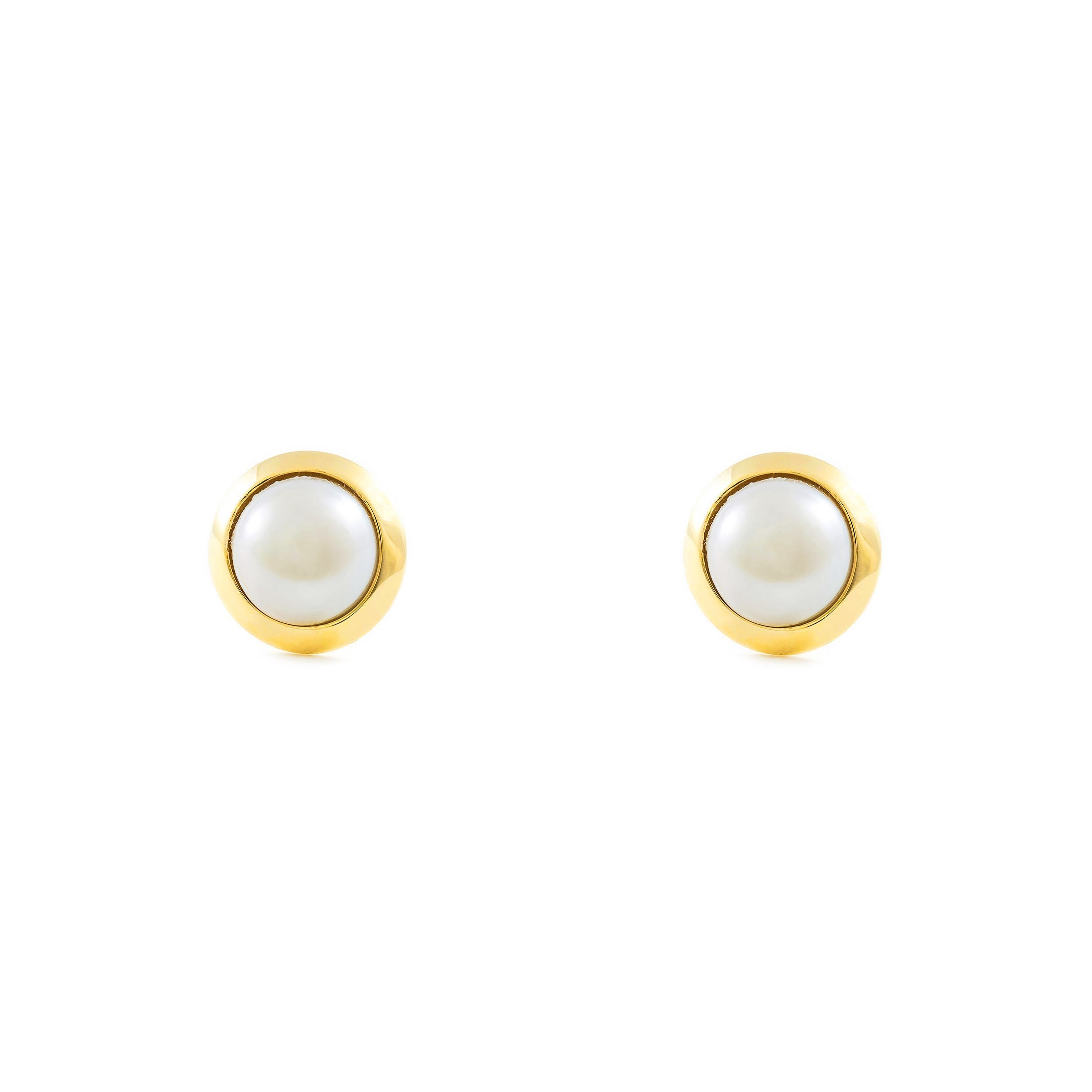 Women's-Girl's Earrings 9K Yellow Gold Pearl Button 6 mm Shine