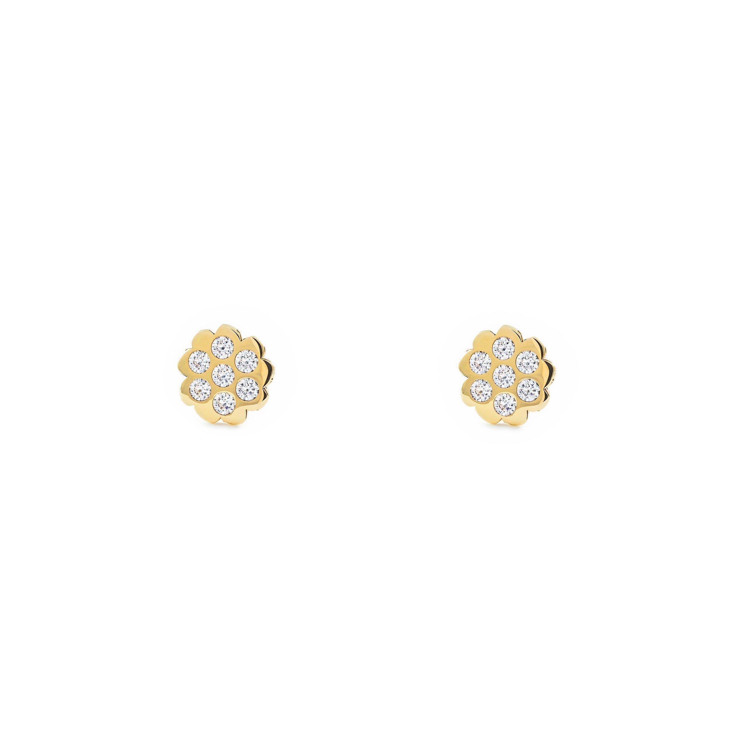 Girl's Earrings 9K Yellow Gold Flower Shiny Zirconia