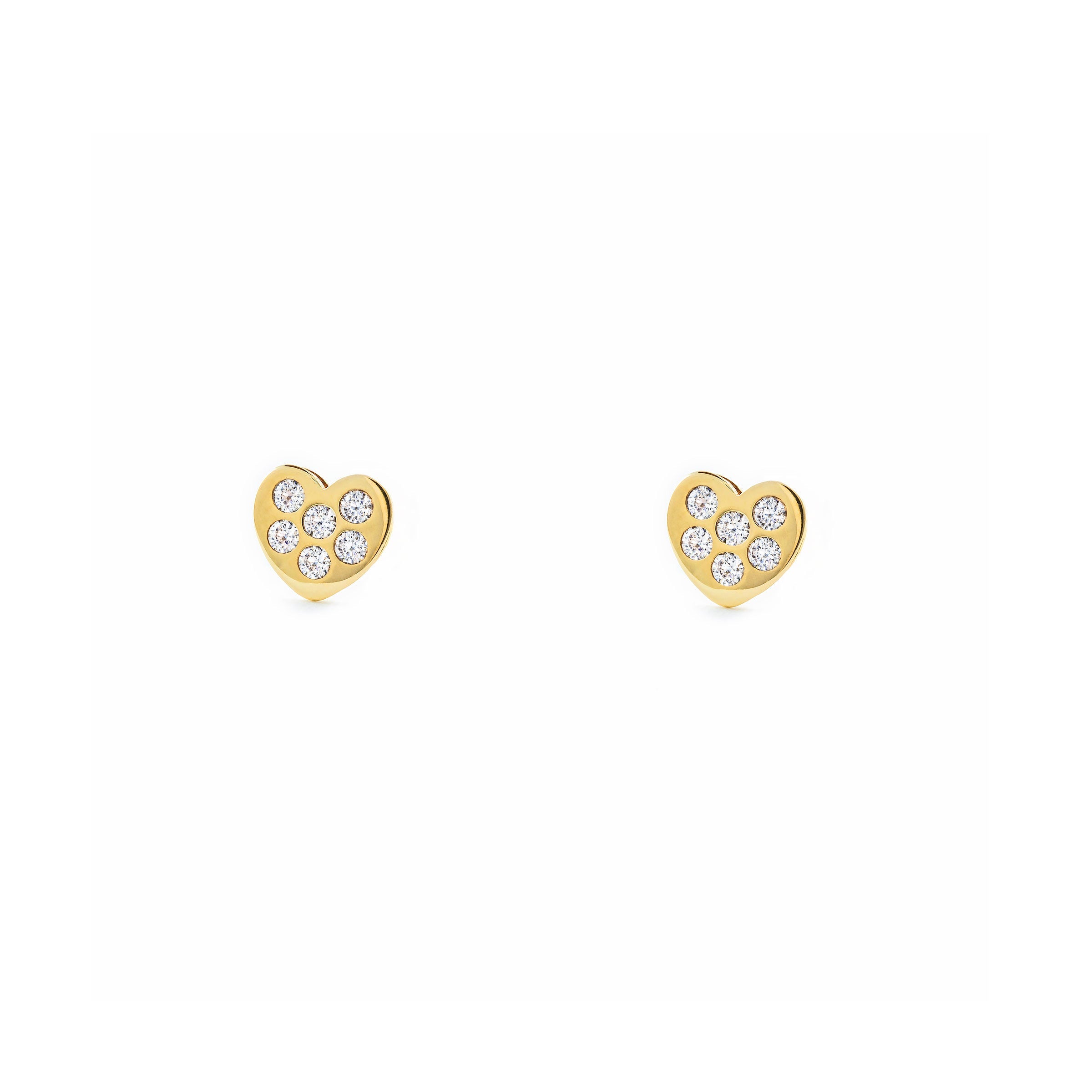 Girl's Earrings 9K Yellow Gold Heart Shiny Zirconia