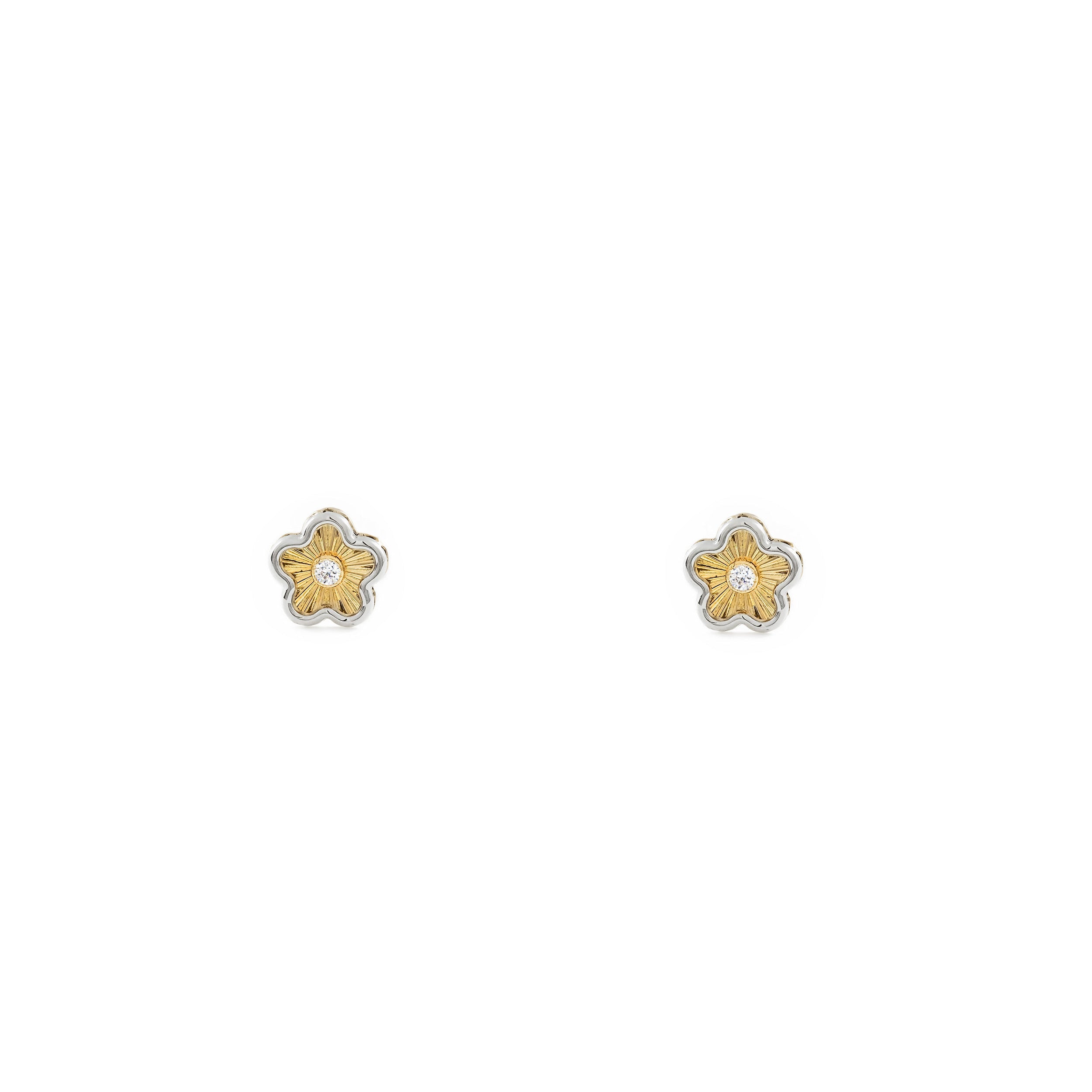 Baby-Girl Earrings 9K Bicolor Gold Flower Daisy Zircon Textured