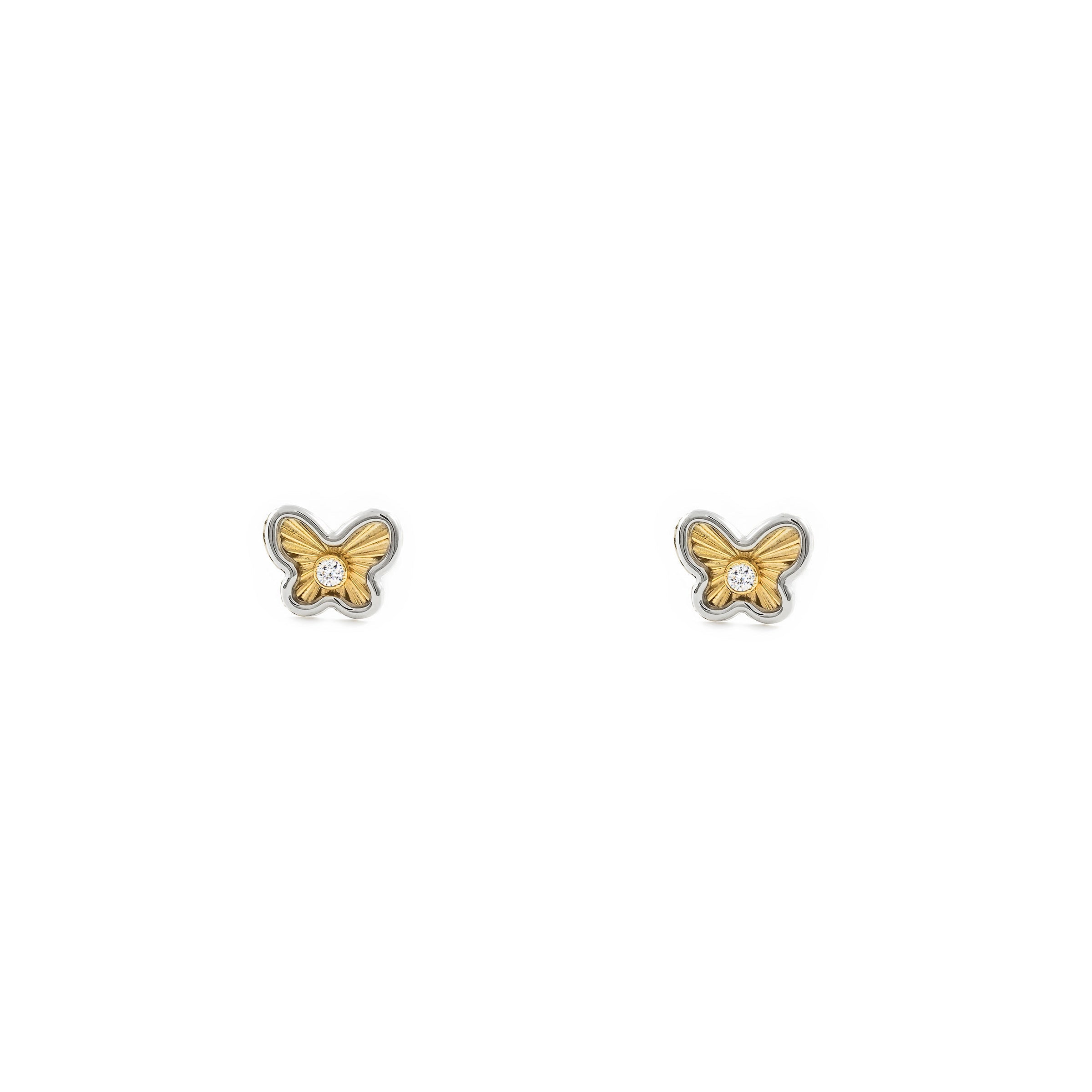 Baby-Girl Earrings 9K Bicolor Gold Butterfly Zircon Textured