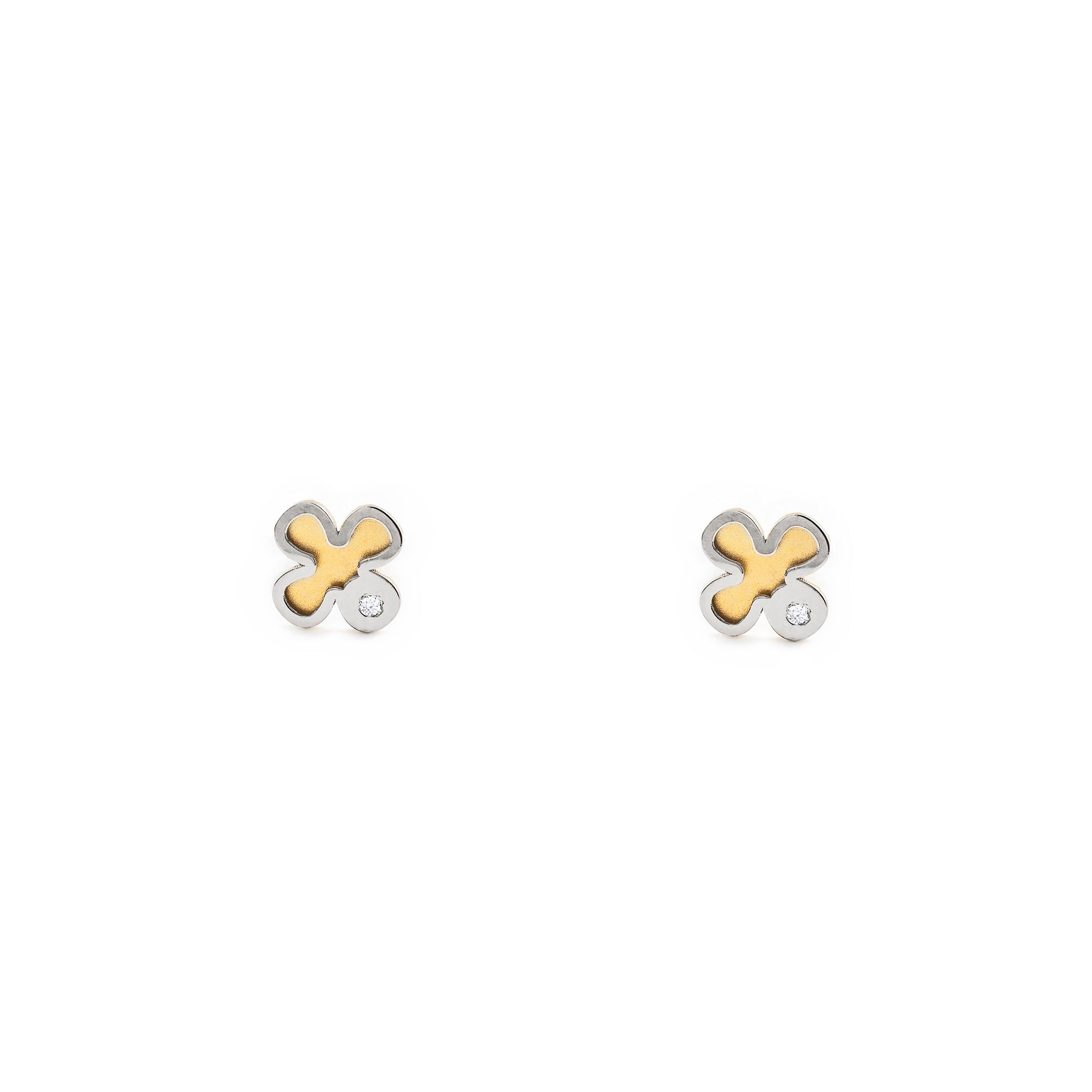 Baby-Girl Earrings 9K Bicolor Gold Clover Matte and Shiny Zirconia