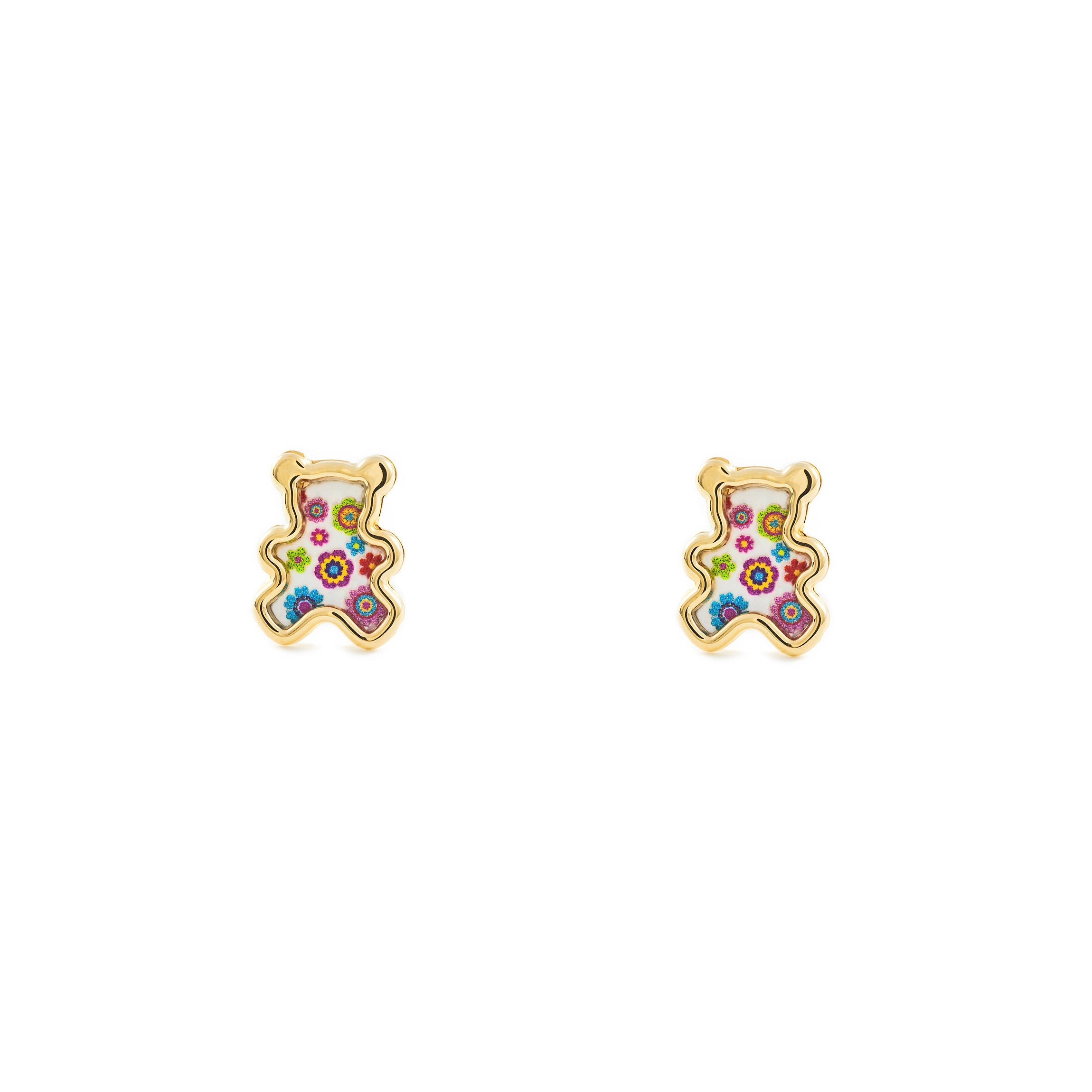 Pendientes Niña Oro Amarillo 9K Nacar Oso Multicolor Brillo