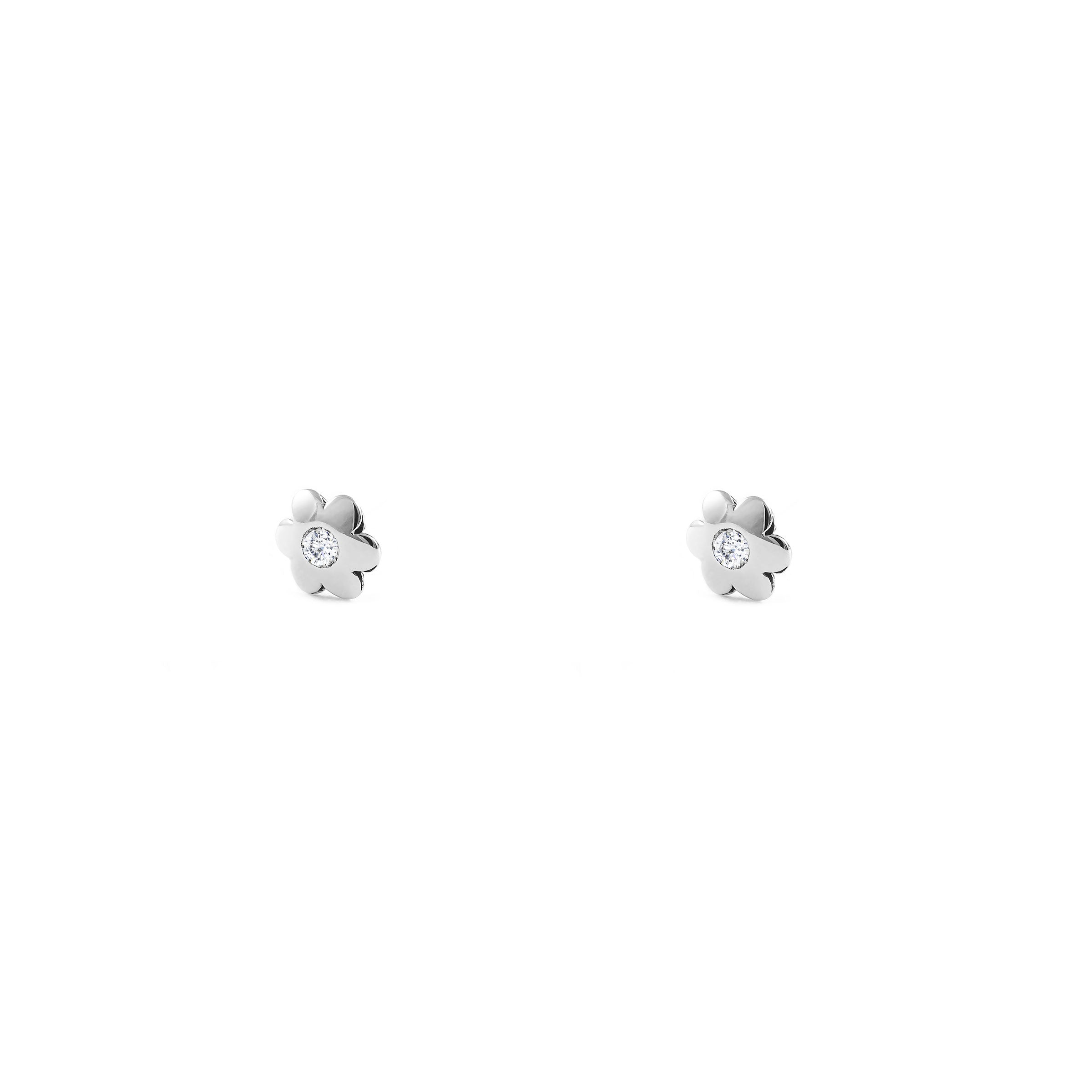 Baby Earrings 9K White Gold Shiny Zirconia Flower