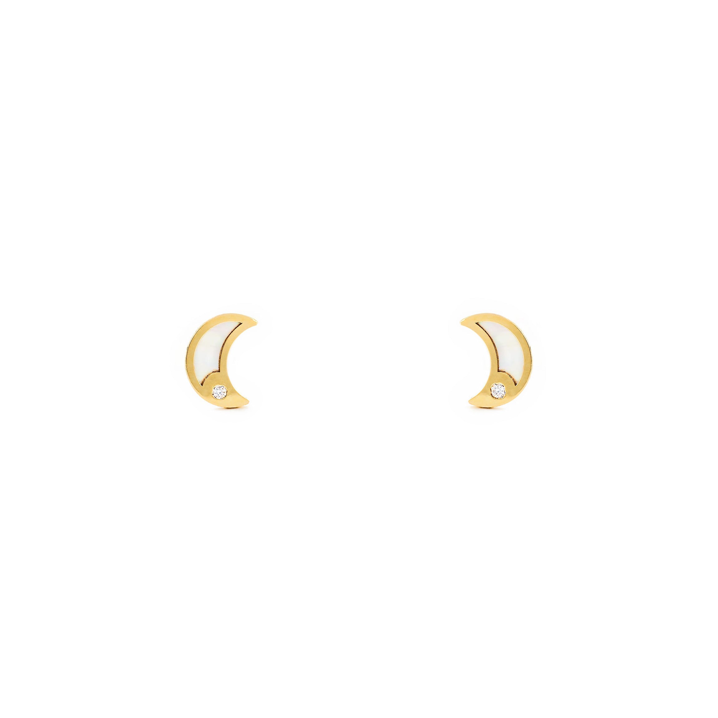 Baby-Girl Earrings 9K Yellow Gold Mother of Pearl Shiny Zirconia Moon