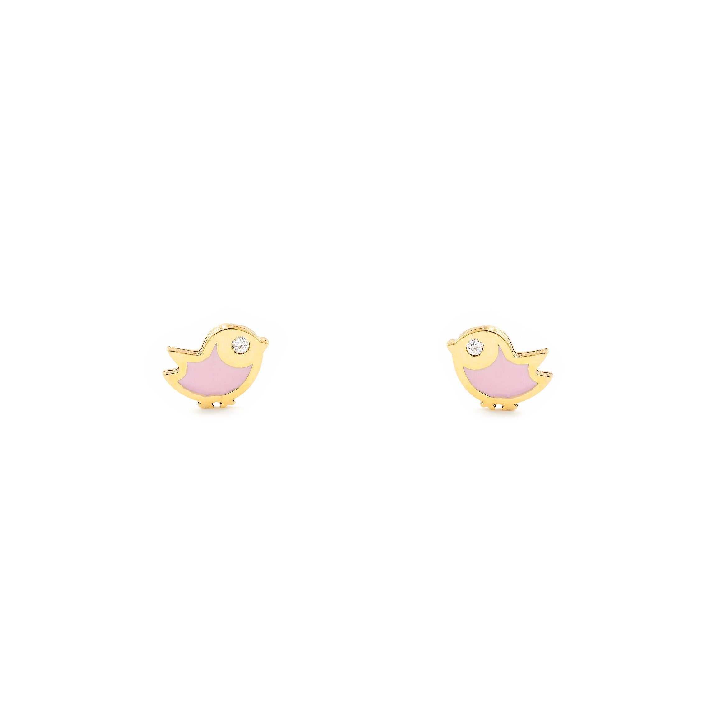 Baby-Girl Earrings 9K Yellow Gold Bird Pink Enamel Shiny Zirconia