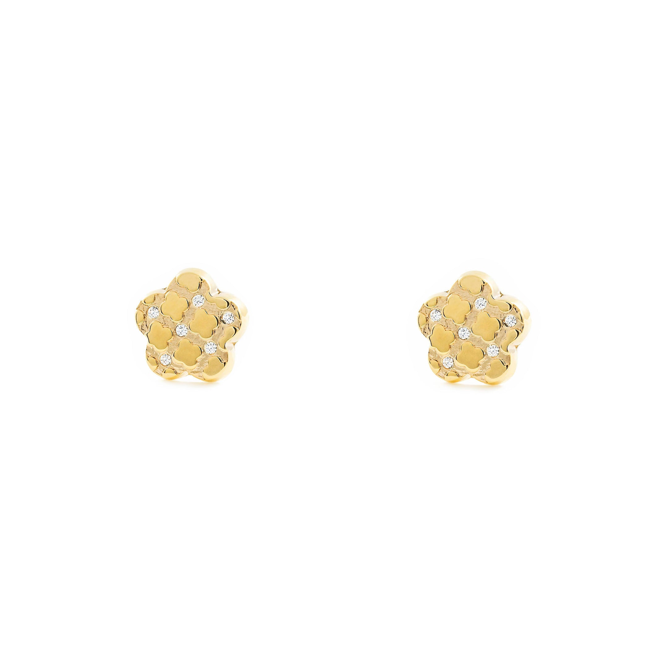 Baby-Girl Earrings 9K Yellow Gold Flower Daisy Zirconia Textured