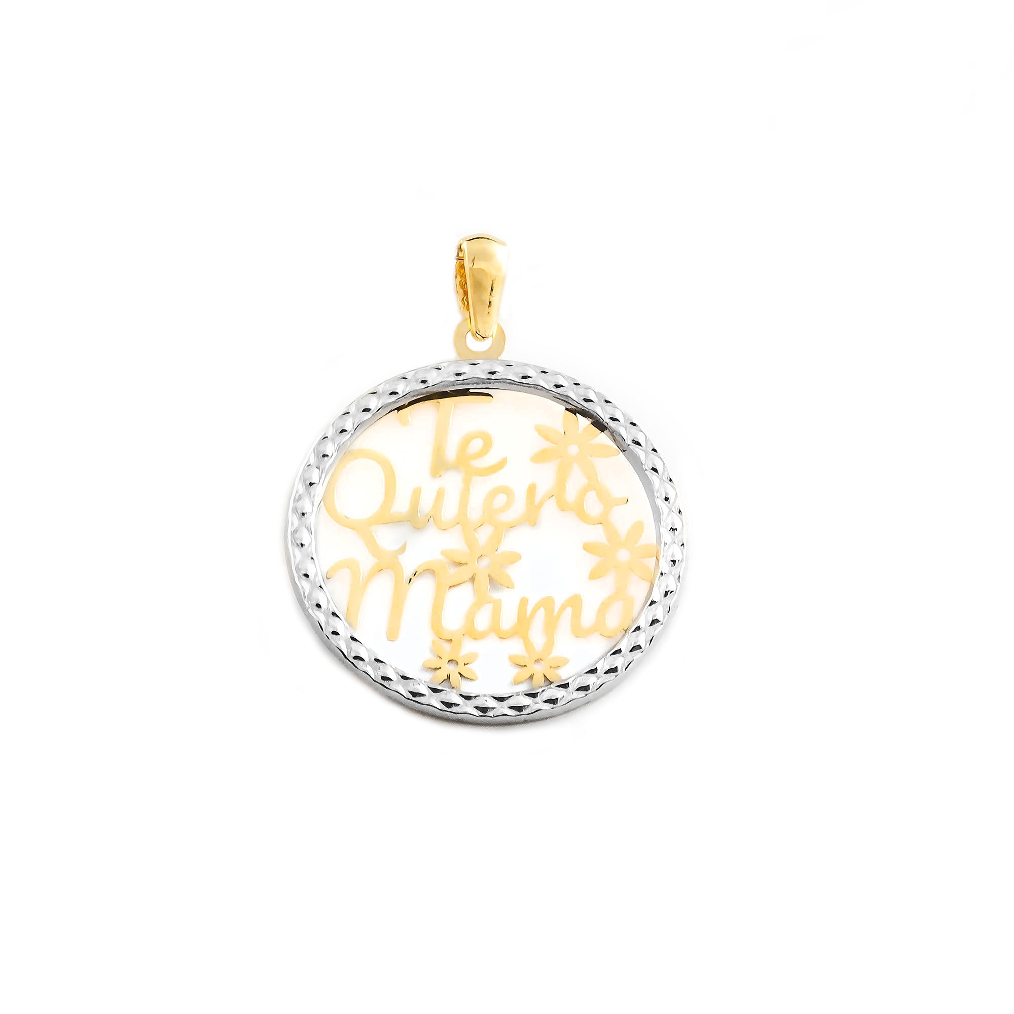 Round 9K Bicolor Gold Pendant I love you Mom Shine and Texture