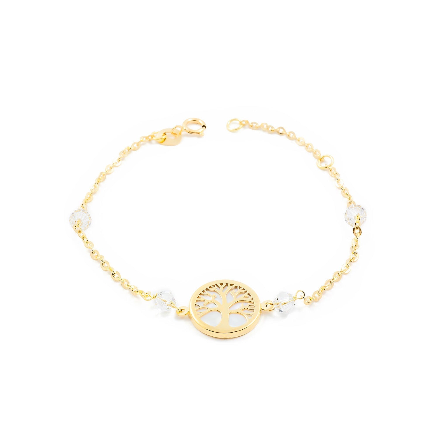 Girl's Bracelet 18K Yellow Gold Pearl Tree of Life Shiny Zirconia 16 cm