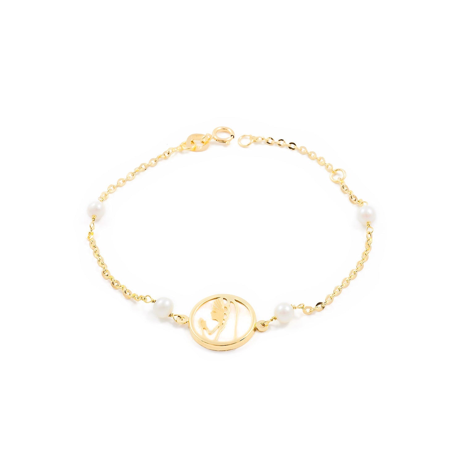 Girl's Bracelet 18K Yellow Gold Round Pearl 4 mm Virgin Girl Nacre Matte and Shiny 17 cm