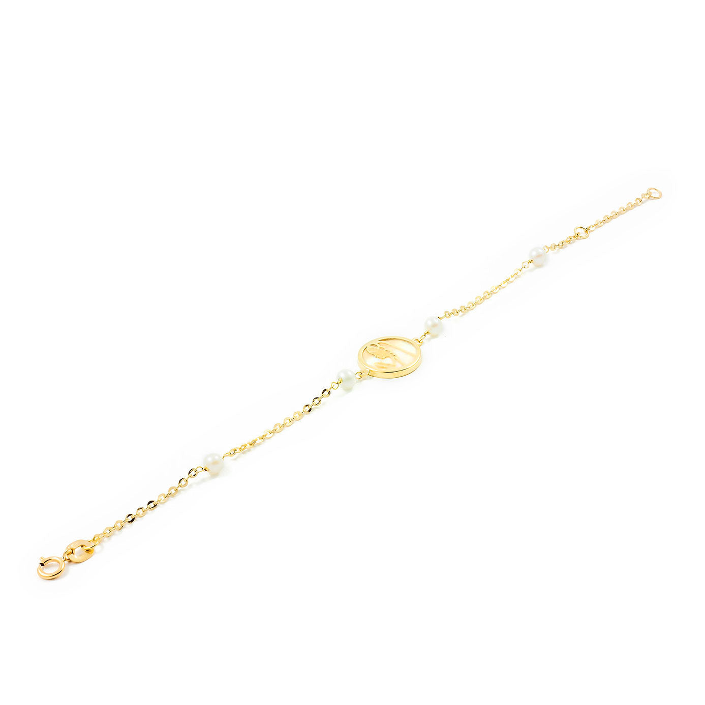 Pulsera oro Virgen niña con nacar y perlas (18Kts)