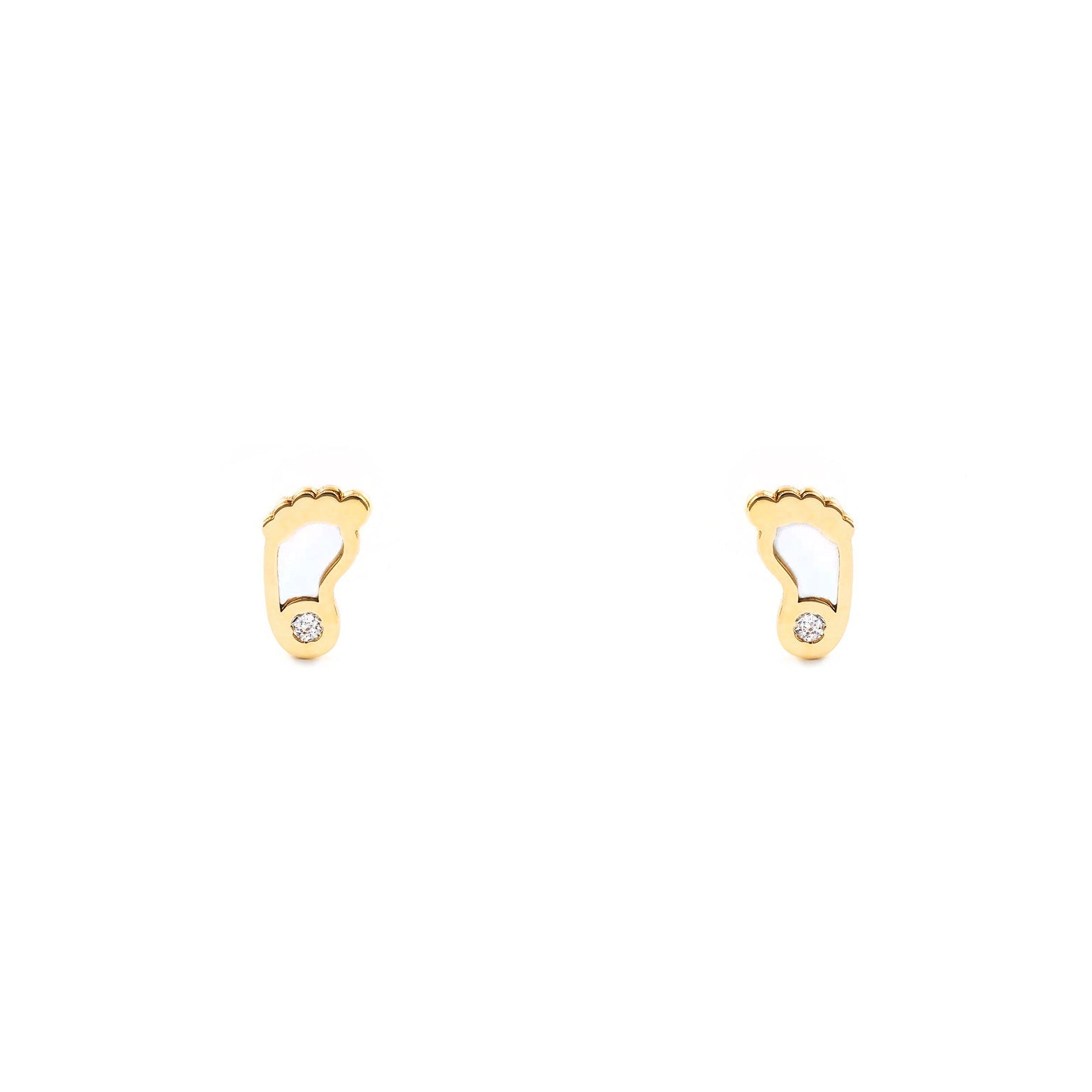 Baby-Girl Earrings 9K Yellow Gold Mother of Pearl Shiny Zirconia Foot