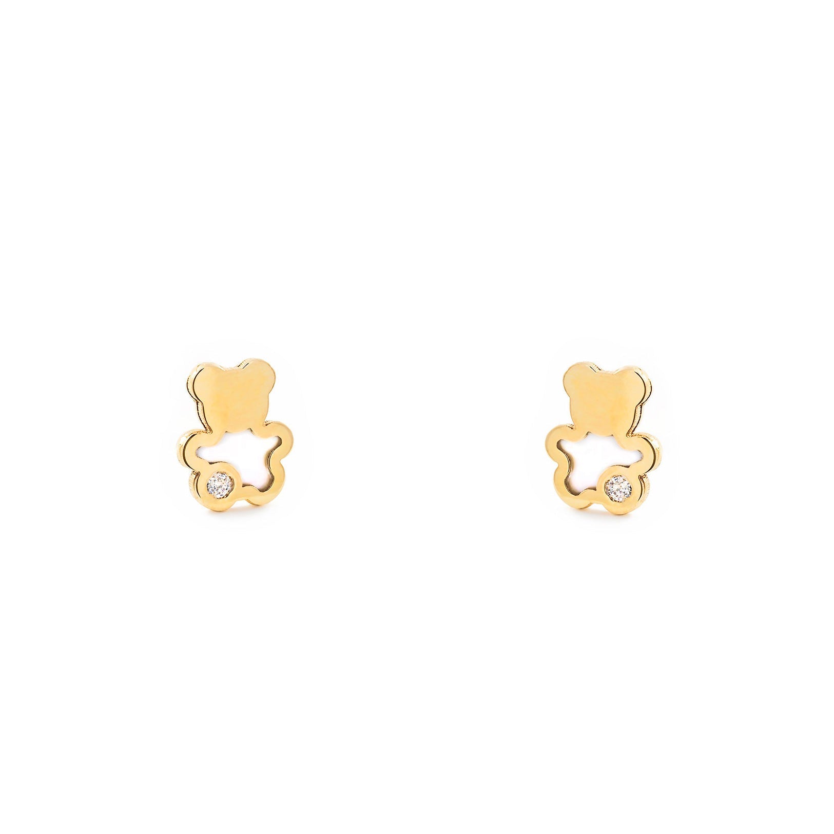 Baby-Girl Earrings 9K Yellow Gold Mother of Pearl Glitter Zirconia Bear