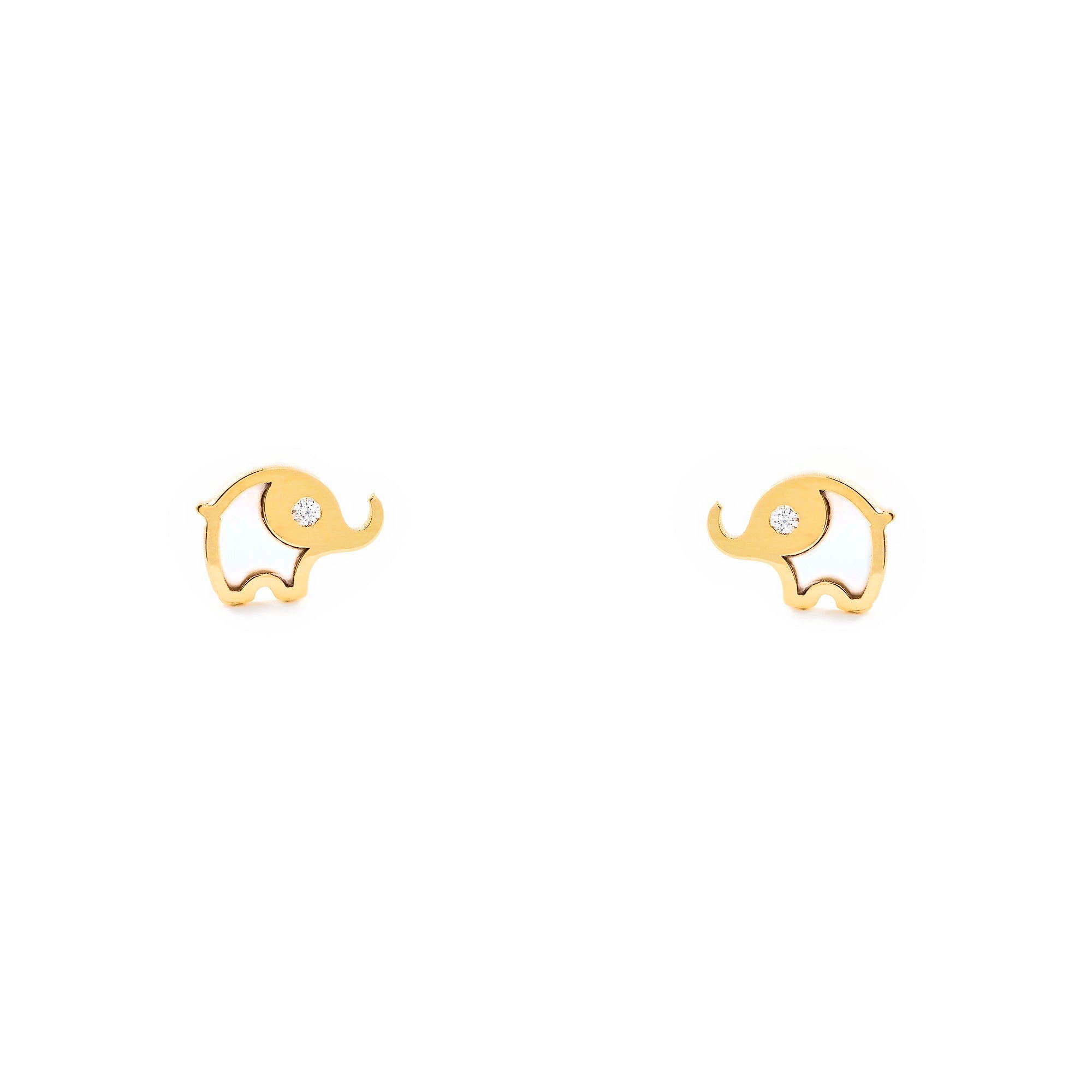 Baby-Girl Earrings 9K Yellow Gold Mother of Pearl Shiny Zirconia Elephant