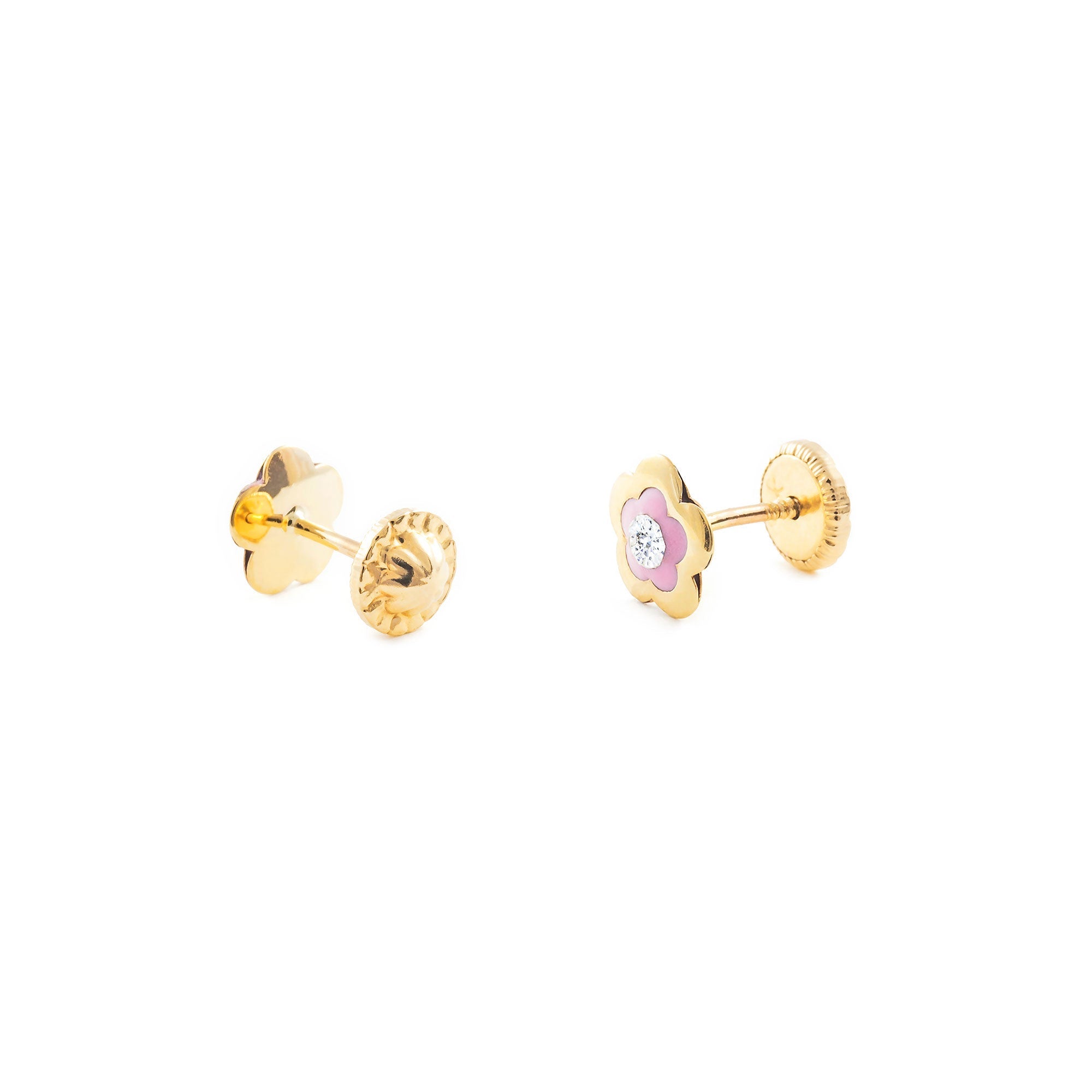 Pendientes Oro Niña Margarita esmalte rosa y circon (9kts)