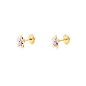 Pendientes Oro Niña flor esmalte rosa y circon (9kts)