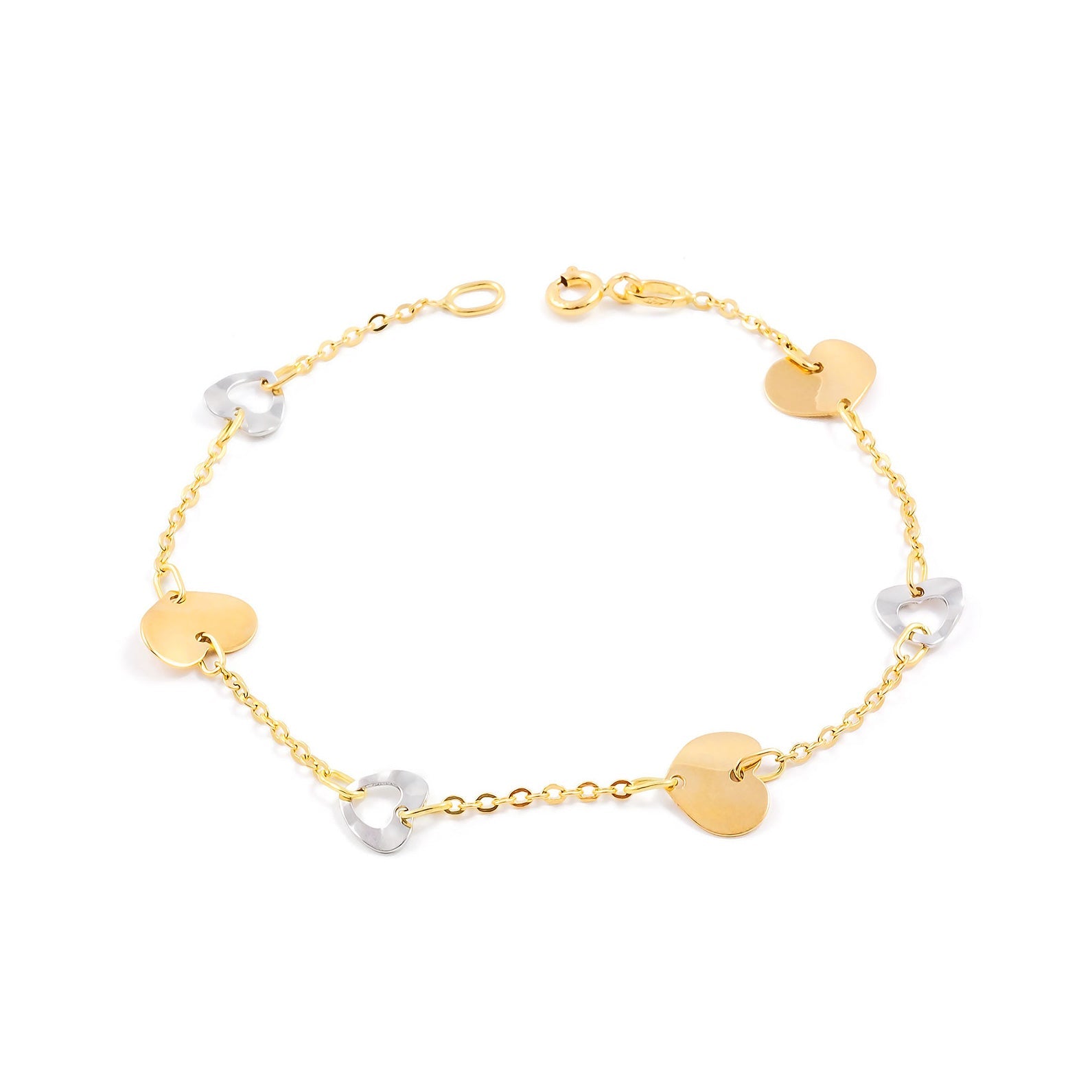 Pulsera Mujer Oro Bicolor 18K Corazones Brillo 18 cm