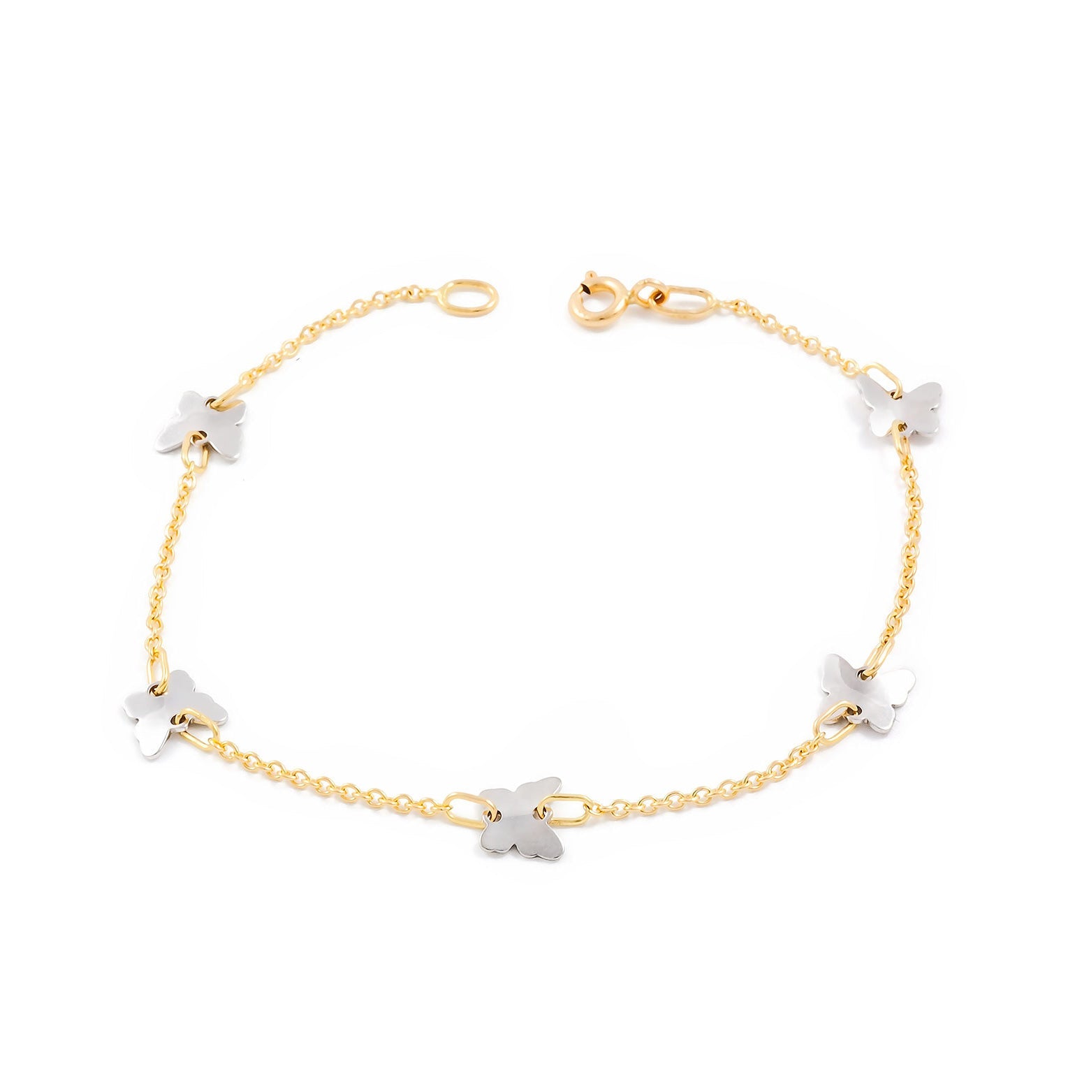 Pulsera Mujer Oro Bicolor 18K Mariposas Brillo 18 cm