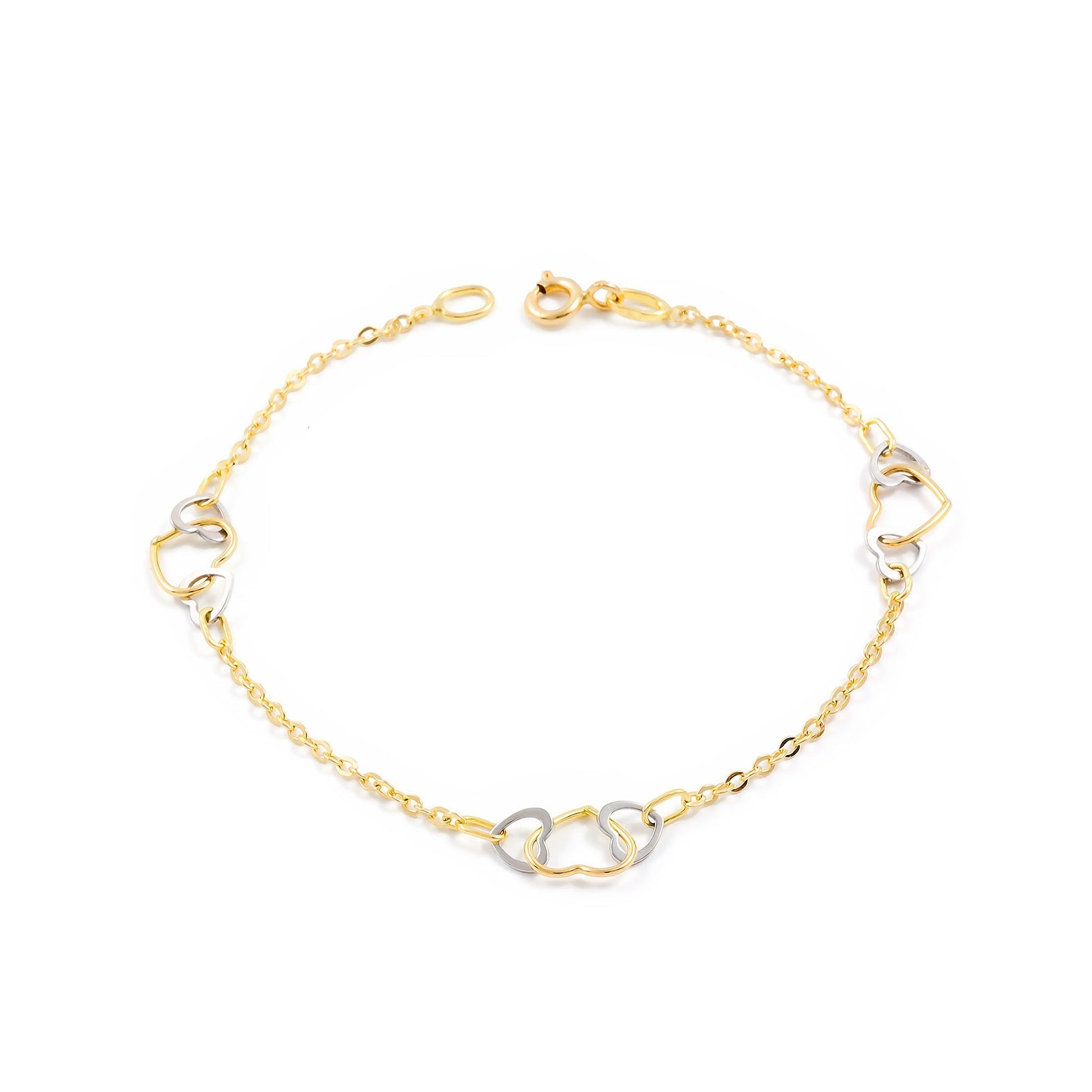 Pulsera Mujer Oro Bicolor 18K Corazones Brillo 18 cm