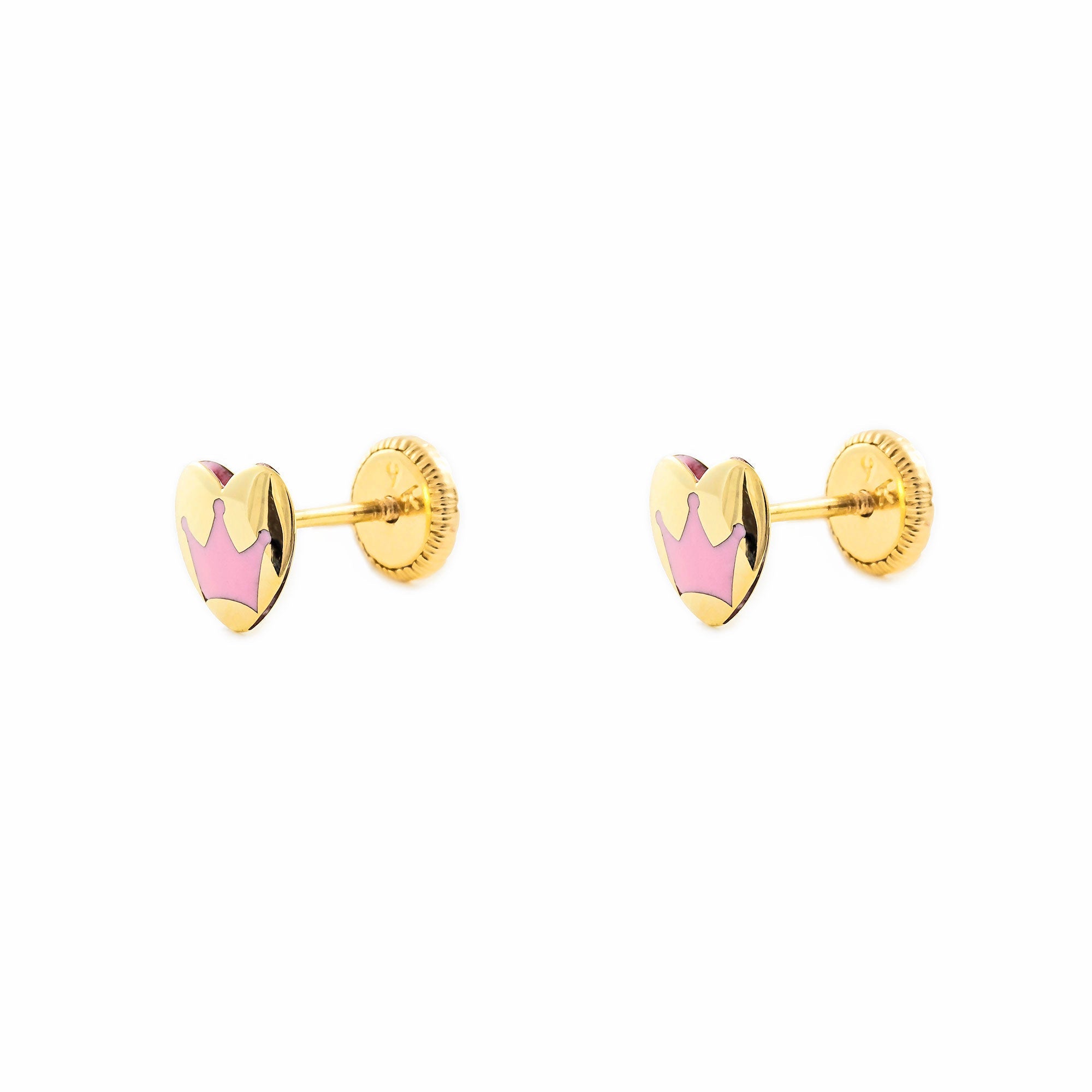 Pendientes Oro Niña corazon con Corona Esmaltada rosa (9kts)