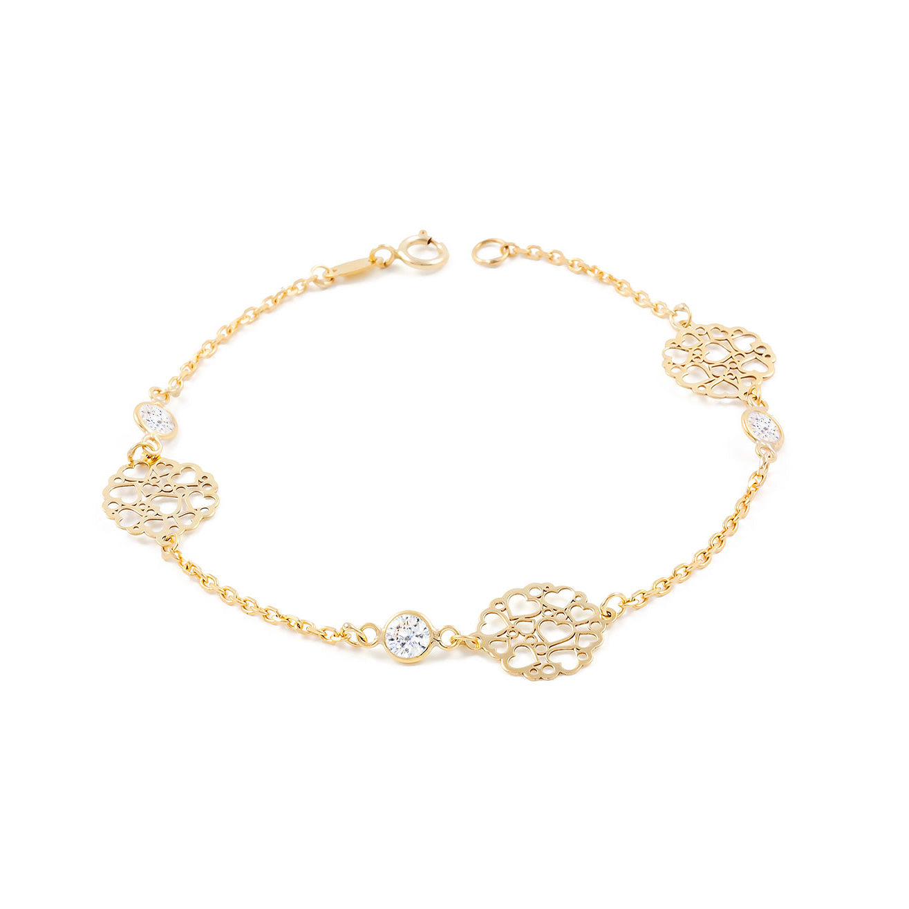 Girl's Bracelet 9K Yellow Gold Shiny Zirconia Hearts 17 cm