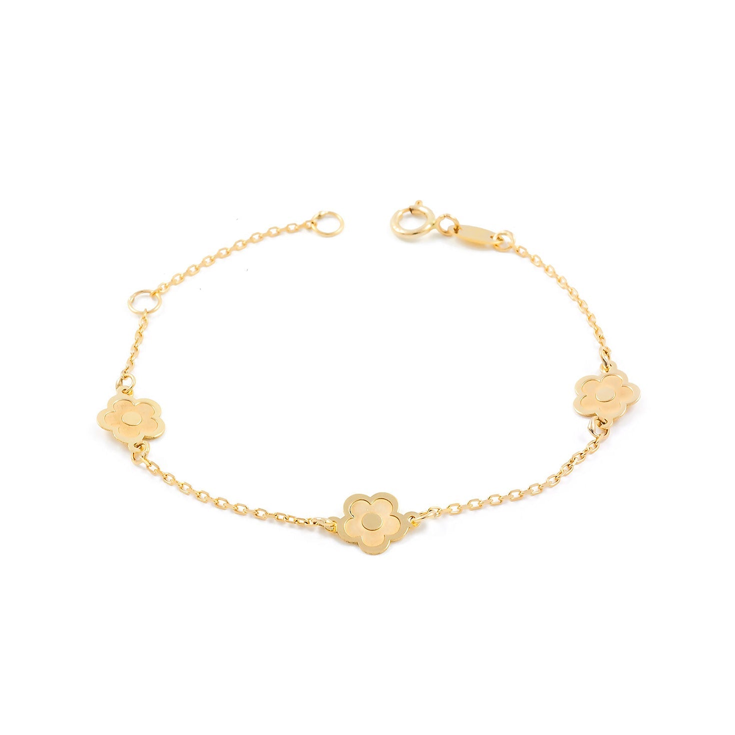 Girl's Bracelet 9K Yellow Gold Matte and Shiny Flowers 14 cm