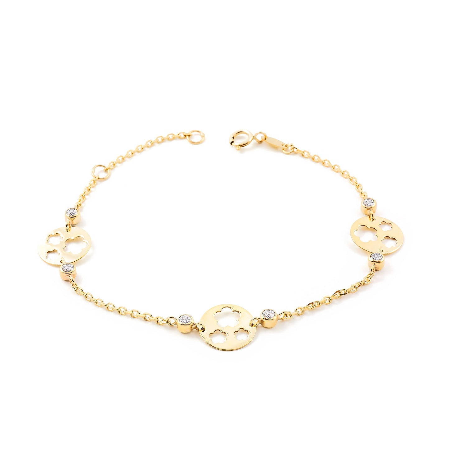 Girl's Bracelet 9K Yellow Gold Flowers Matte and Shiny Zirconia 17 cm