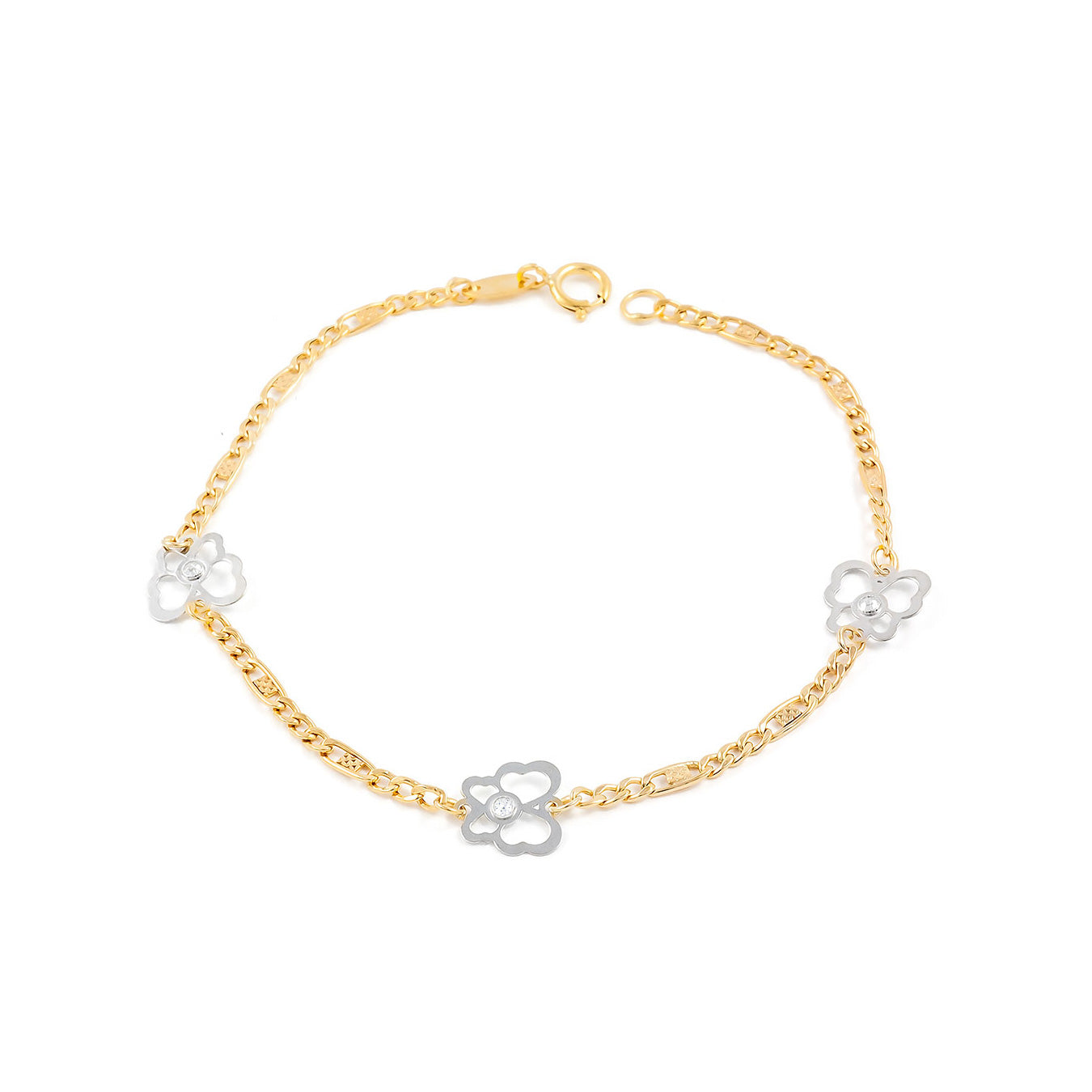 Girl's Bracelet 9K Bicolor Gold Shiny Zirconia Flowers 16 cm